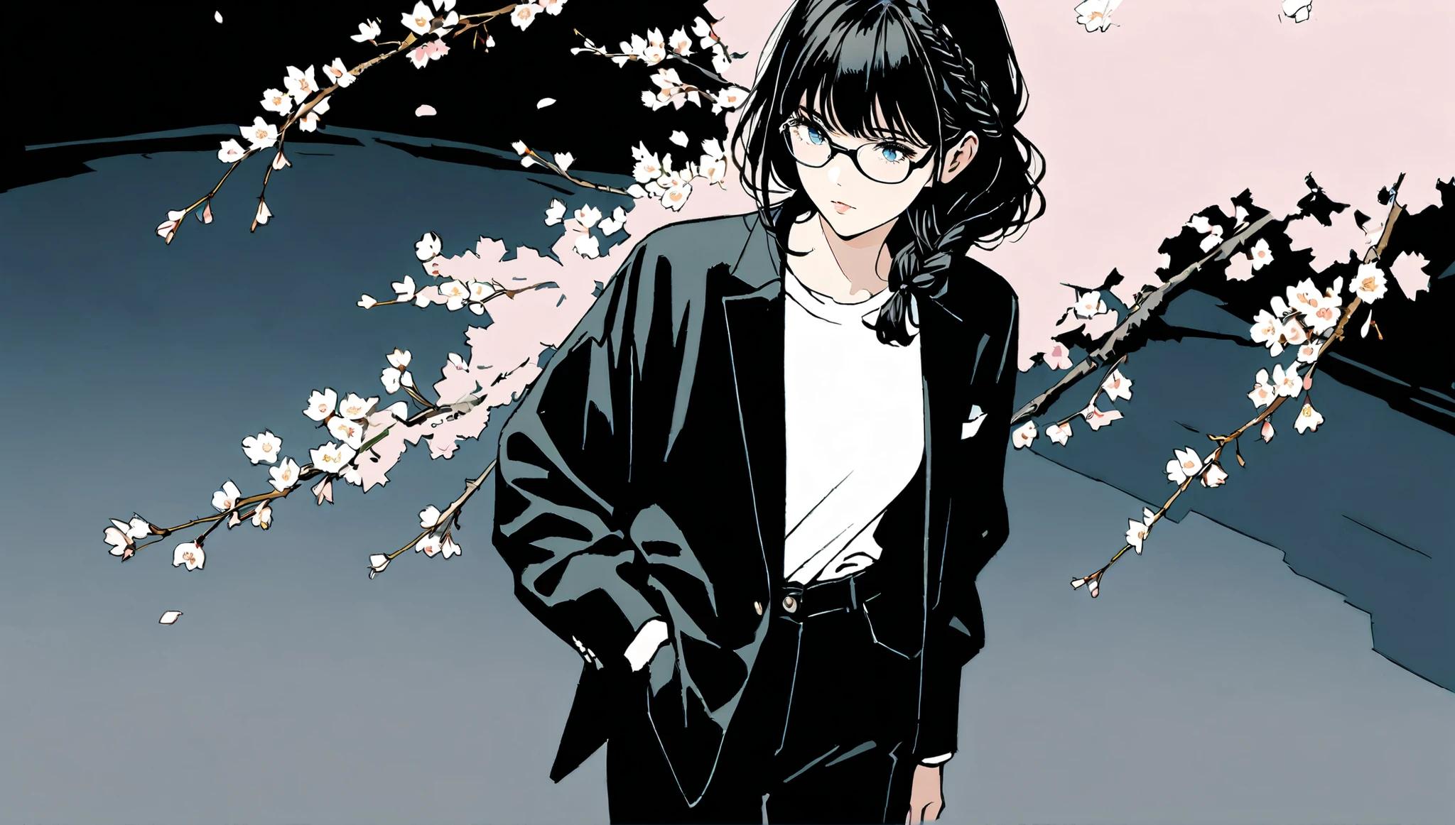 ((alone)),(()),((nuance color)),((cherry blossoms)),expressionless,((black hair braid long hairstyle)),(((black rimmed glasses))),masterpiece, Highest quality, Beautiful attention to detail, Very detailed, In detail, High resolution, ((black suit jacket、、white shirt、black pants))),Perfect Anatomy, , , Girl, (One person:1.5), alone, (black monochromatic background ), ( (night), 80's fashion,Anime,