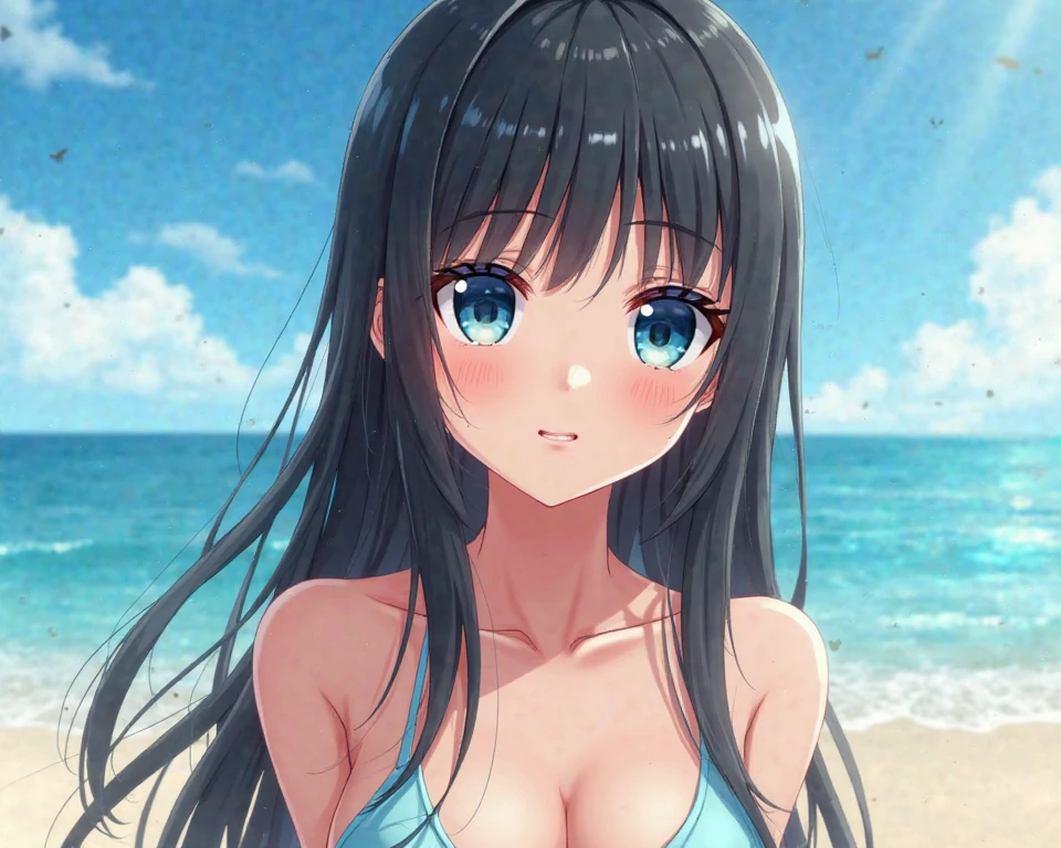 a girl、high teen female、a picture、realisticlying、top-quality、adopt、A detailed face、the beach、Southland、full body Esbian、White Bikini、a detailed backgrounds、diffuse sunlight、depth of fields、Bokeh,dutch angle