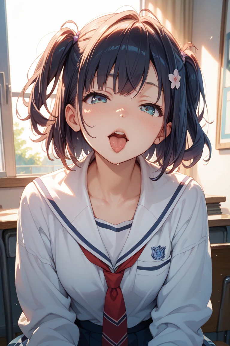 Sit on the sofa,looking ahead,from above,handjob,side view,face focus,open mouth,tongue out,cum on tongue,lick,(1girl,Beautiful 14 year old girl),((Slender,Small breasts,Baby Face,Small face,)),looking at viewer,Black Hair,bangs,two side up,Gray Eyes,Drooping eyes,slit pupils,narrow eyes,,Short sleeve shirt,Red tie,Navy blue mini skirt,Navy blue socks,Beautiful and detailed anime art,Mischievous smile,Dimly lit room,Simple Background,Gray background,Low lighting