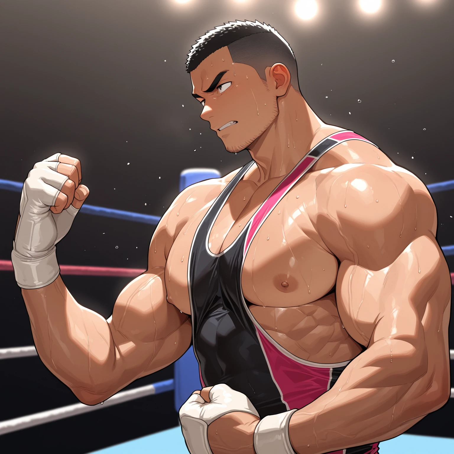 4k, masterpiece, high resolution:1.2, 1 man, 50 year old, solo, bara, muscular!!, really tall, big wrestler's physique (beast), ((bulk)), shirtless, hairy body, bald head, pubic hair, beard, mature face, cute smile, friendly, standing in a wrestling arena , wearing red wrestling pant, sweaty body, ultra detailed, flat style