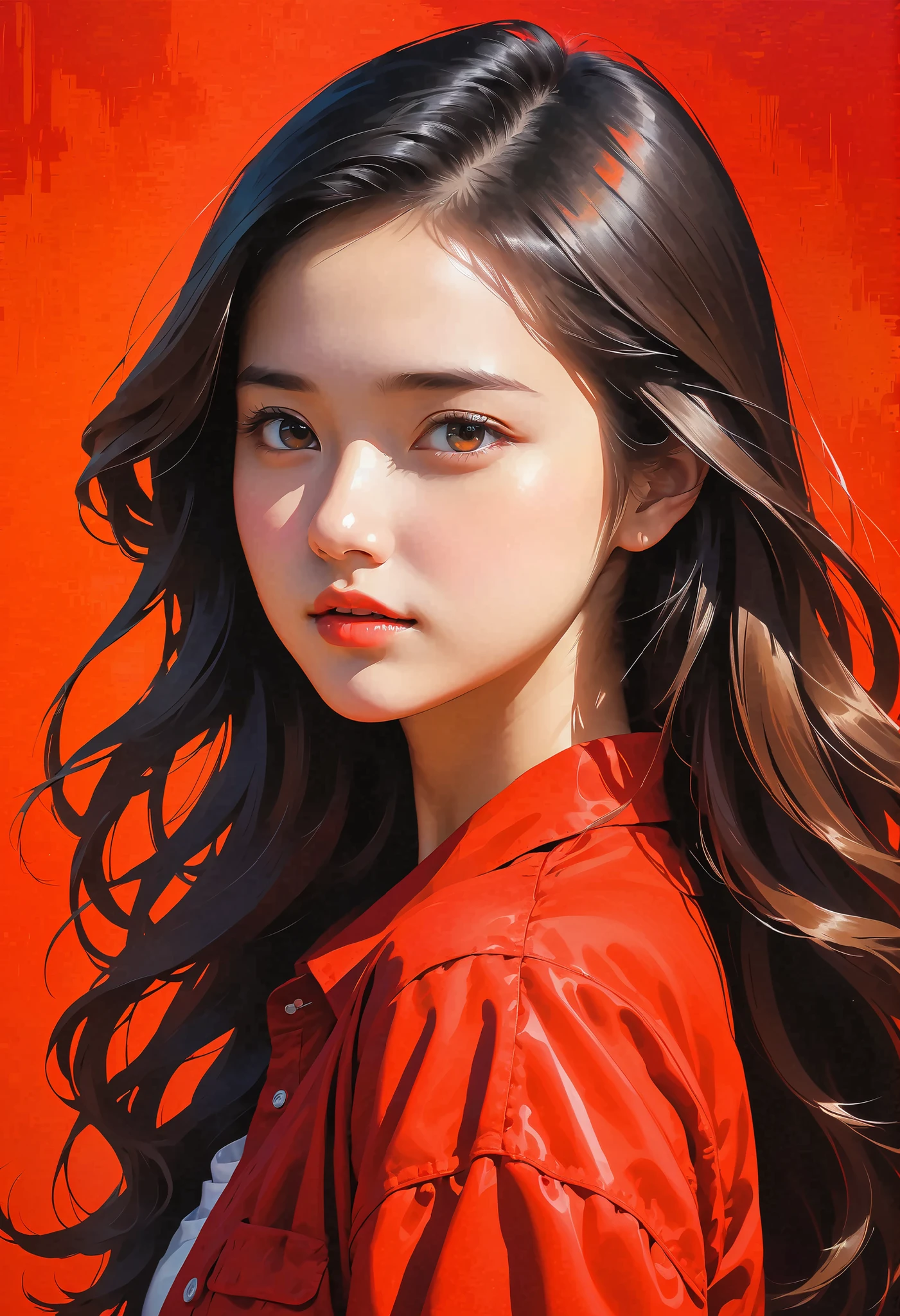 high definition illustration art、masterpiece、 18 year old beautiful woman ,long hair,vivid colors,high contrast,(natural skin texture, hyperrealism, Strong light shines on it,  sharp), red background ,Clarify light and dark、 various poses