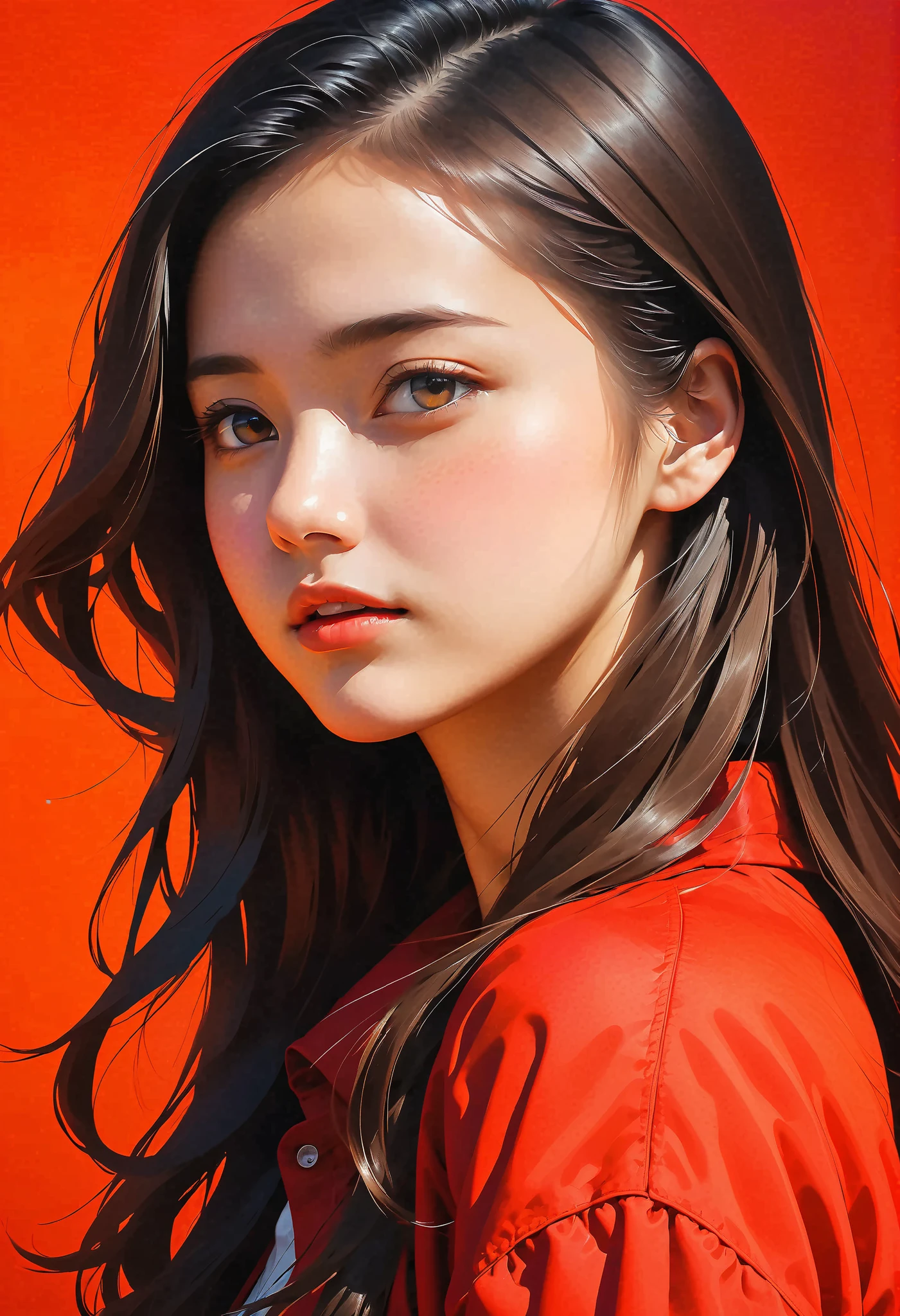 high definition illustration art、masterpiece、 18 year old beautiful woman ,long hair in the fountain,vivid colors,high contrast,(natural skin texture, hyperrealism, Strong light shines on it, sharp), red background ,Clarify light and dark、 various poses