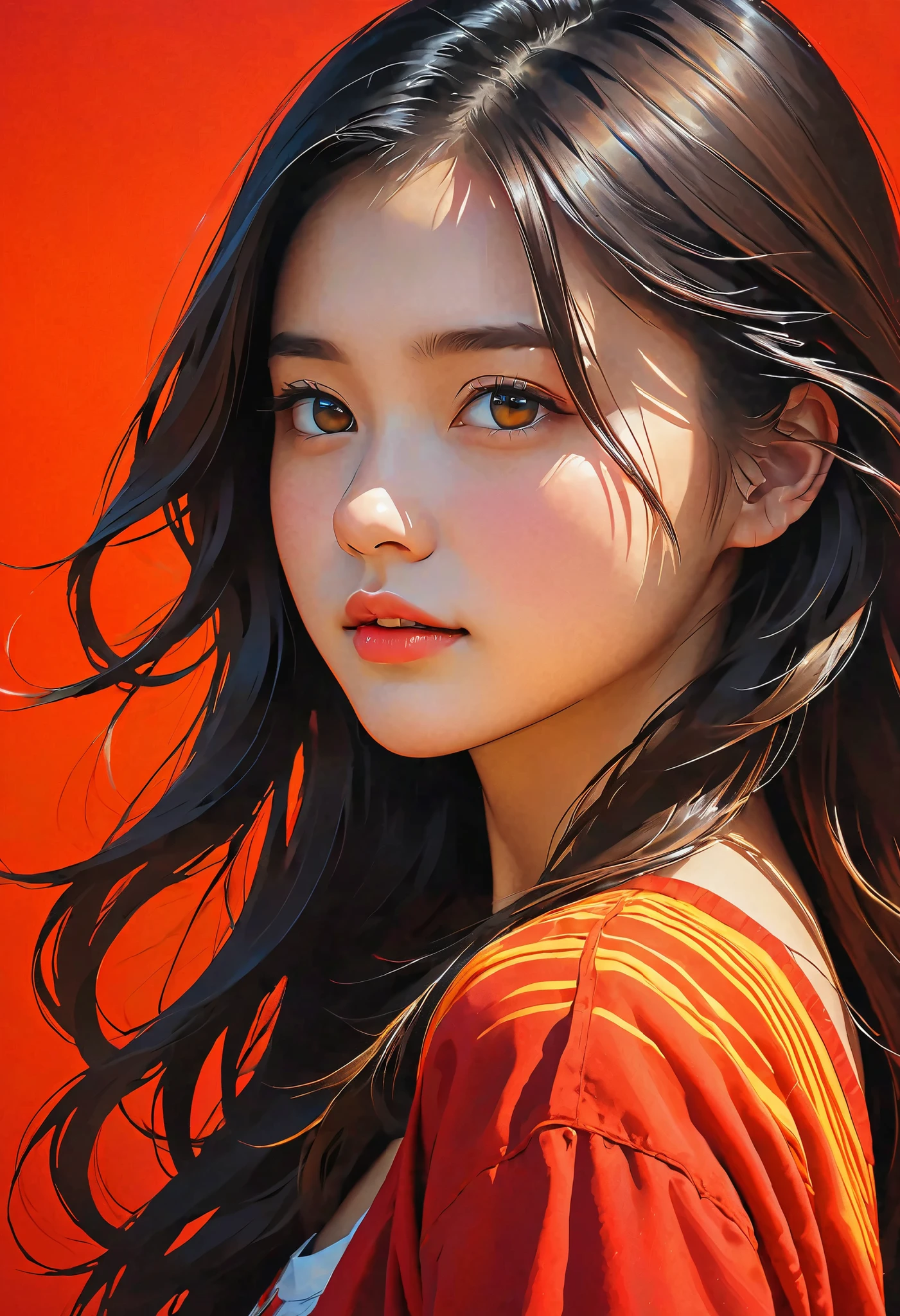 high definition illustration art、masterpiece、 18 year old beautiful woman ,long hair in the fountain,vivid colors,high contrast,(natural skin texture, hyperrealism, Strong light shines on it, sharp), red background ,Clarify light and dark