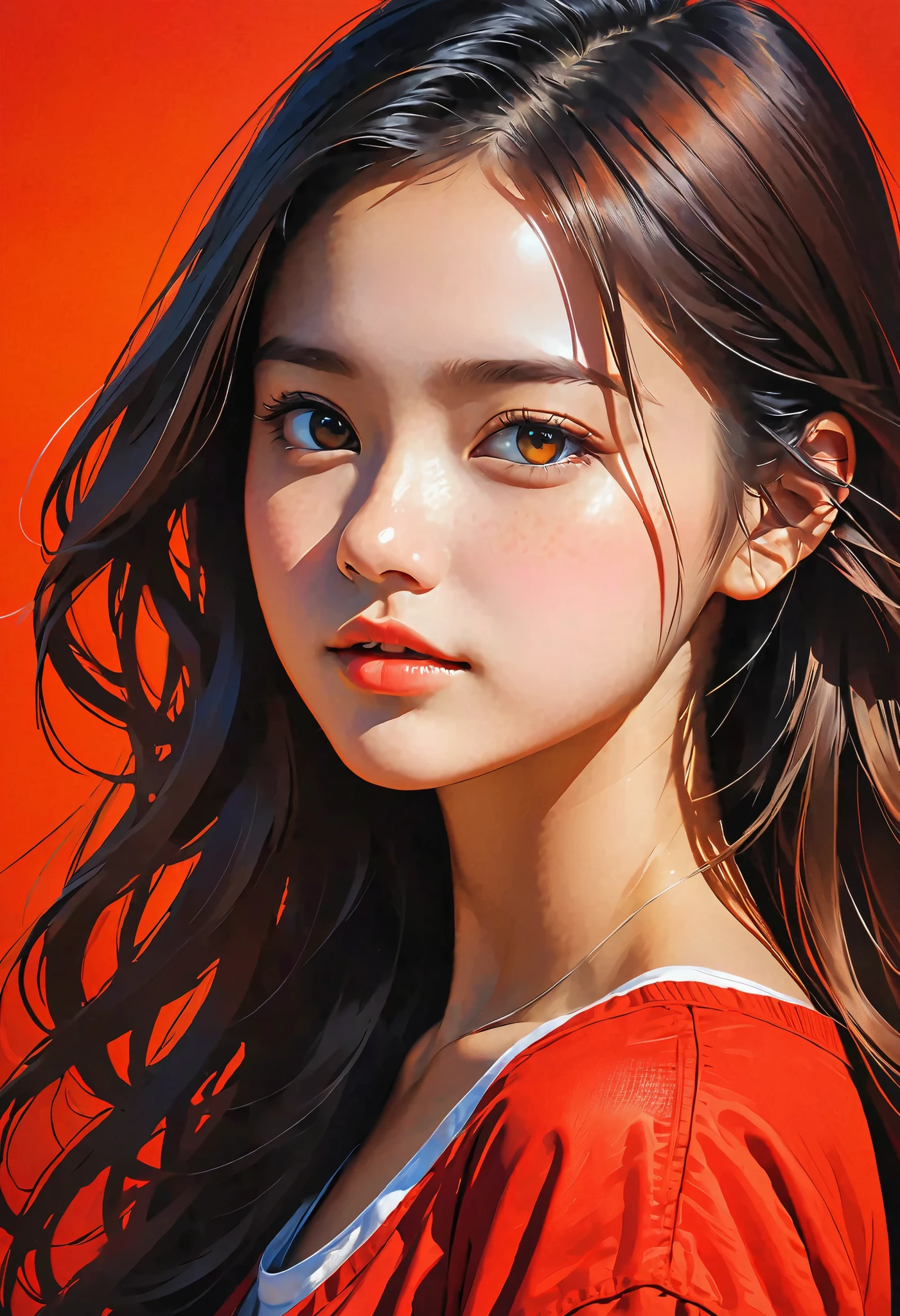 high definition illustration art、masterpiece、 18 year old beautiful woman ,long hair,vivid colors,high contrast,(natural skin texture, hyperrealism, Strong light shines on it, sharp), red background ,Clarify light and dark