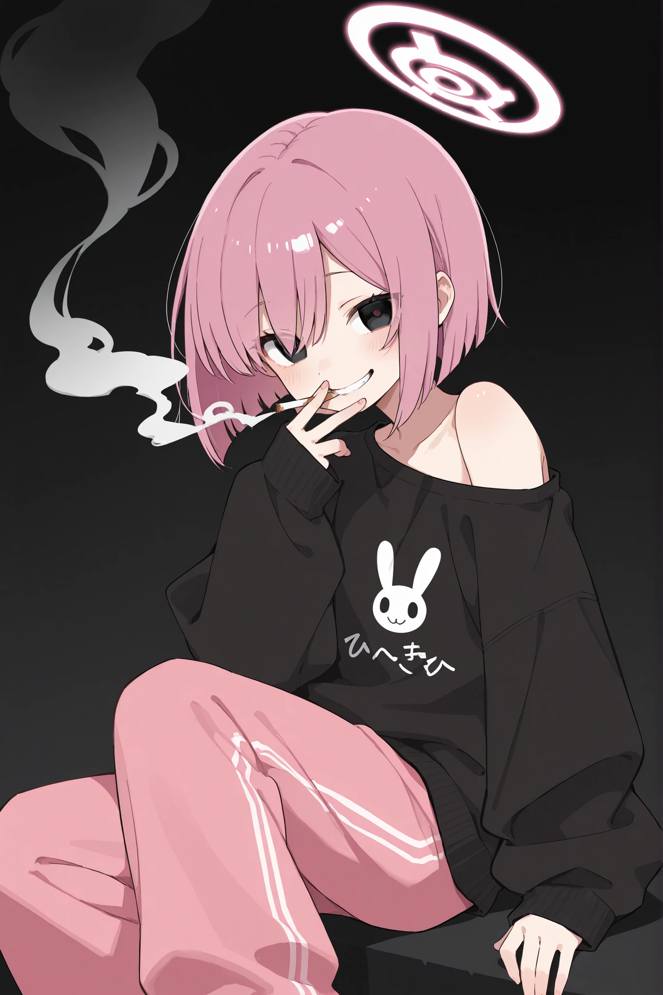 one girl。Pink bob hair、plain black sweatshirt with open shoulders、 pink sweatpants。The eyes are pink and zitoida。holding cigarettes。has his mouth wide open。so much smoke coming out of my mouth。 so smiling。peace sign with one hand。