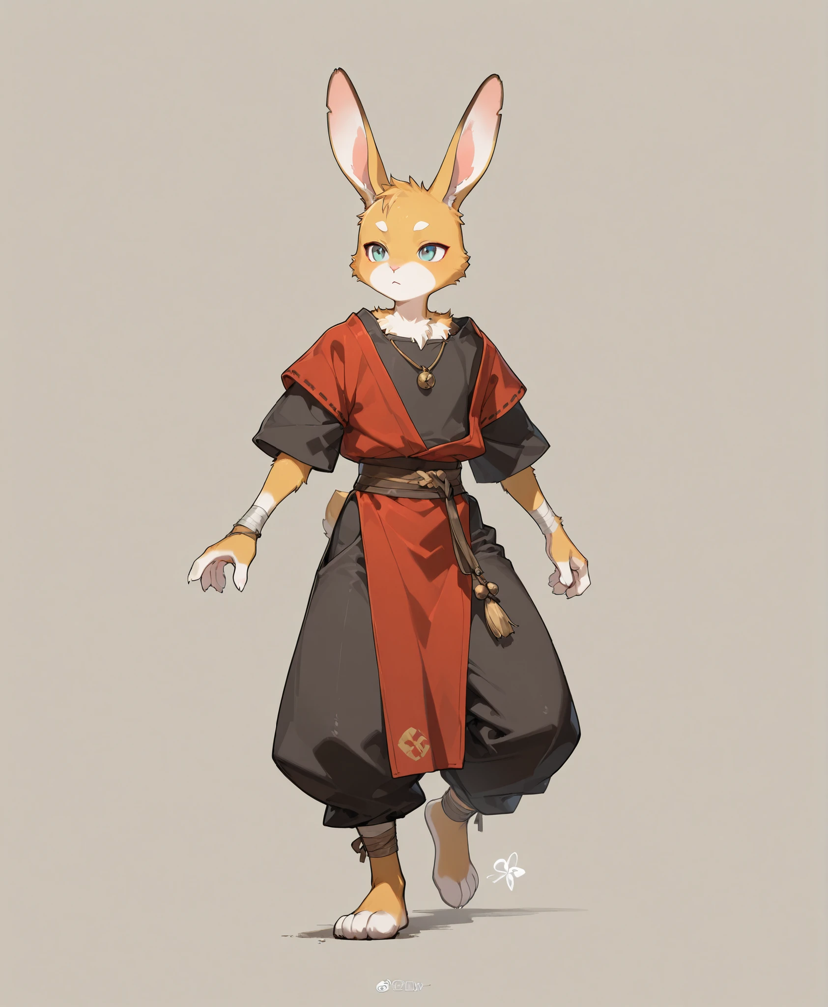full body、simple background、high image quality、Superb details、rabbit、 walking on two legs、Petite、 full body fur、 Beast Man、Monk
