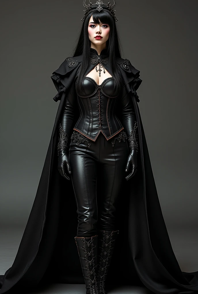 highly insanely detailed, masterpiece, top quality, best quality, highres, 4k, 8k, RAW photo, (very aesthetic, beautiful and aesthetic), (medium full shot) of (angelic demon with Sleek obsidian horns curling sharply) young woman, busty build, medium dark Faux Hawk hair, philippine, pale skin, yellow eyes, wearing Dark sorceress-inspired black robe with hood, thigh-high stockings, witchy boots, set in Laboratory ruins, Abandoned workbenches cluttered with rusted tools and shattered glassware, flickering lights casting eerie shadows on the cracked walls, strange symbols etched into the stone floor, a lingering scent of chemical decay, at night, woman smiling, detailed face, photo, realistic, very aestheticâââ