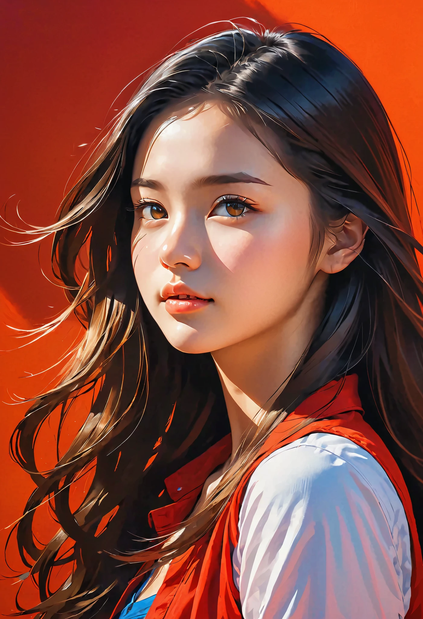 high definition illustration art、masterpiece、 18 year old beautiful woman ,long hair,vivid colors,high contrast,(natural skin texture, hyperrealism, Strong light shines on it, sharp), red background ,Clarify light and dark