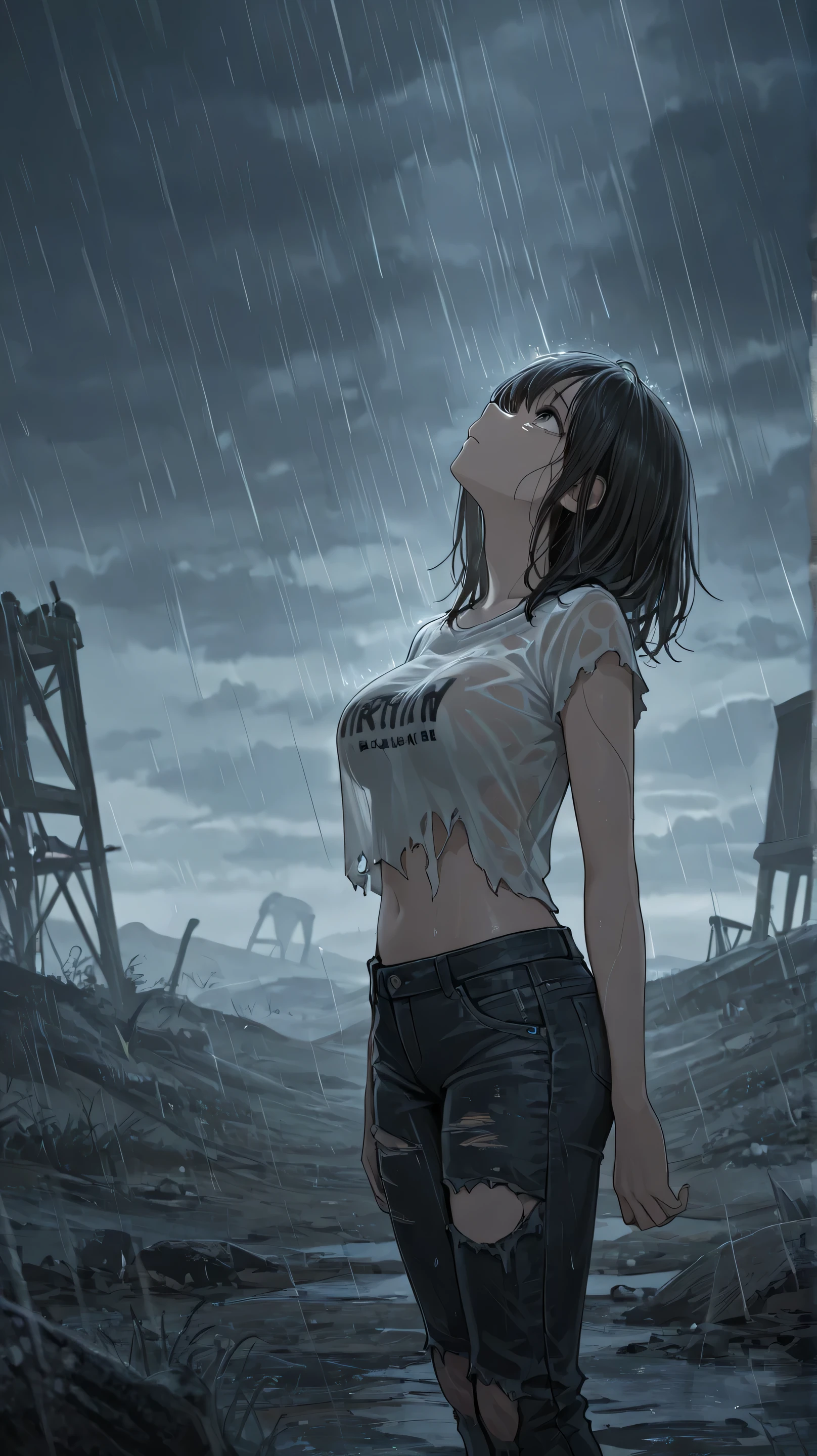1girl, medium large breasts, ripped shirt, ripped pants, wasteland, raining, cloudy, dark, looking up, sad, ,, masterpiece, best quality, amazing quality, detailed background, intricate details