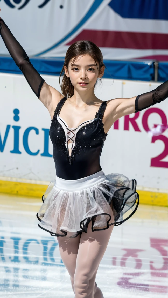 (((first person))),(((perfect anatomy))),(((In a large ice skating arena filled with spectators, a beautiful athlete with an outstanding figure captivates the audience with her stunning skating while wearing skates and wearing a sparkling high neck front zip one piece skirt outfit.))),(((A beautiful top athlete wearing a red and white outfit who hates to lose is skating with a smile on her face, leaning forward with her arms outstretched, her legs straight up behind her, and the hem of her skirt fluttering.))),(((perfect anatomy:1.6))),(((Ulsan-6500))),(((Beautiful background bokeh with deep depth of field created by Hasselblad))),sexy waist,masterpiece,highest quality,ultra high resolution,high detailed portrait,tall nose and beautiful face,limbs like a model,The fair-skinned nape of the neck is dazzling,(((Her beautiful shape with a slender waist and hips captivates viewers.))),Tuck your chin and smile,((Full body shot from the front)),cute 20 year old, (((The nape of his short, boyish chestnut-colored hair is sexy.))),(Proud F-cup beautiful breasts),long eyelashes and large eyes,,Clear double eyelids,((Glossy thick lips)),(((perfect anatomy:1.4))),