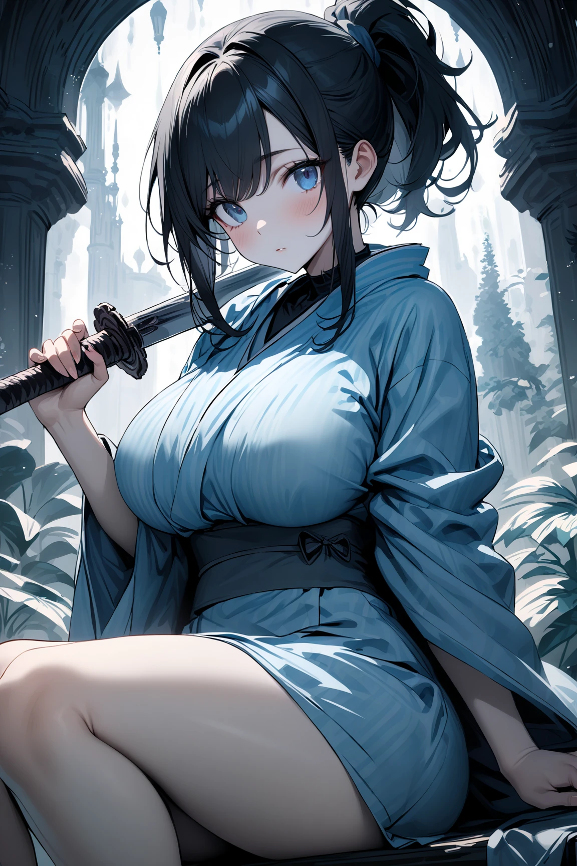 absurdres, RAW photo, extremely delicate and beautiful, masterpiece, Best Quality, ultra high resolution, 32k, hyperrealistic, ultra-detailed, in her 20s, delicate facial features, tearful mole, earring, medium breasts, full body shot, shorter middle hair, black hair, shuimobysim, Japanese kimono, ninja, samurai, sword with blue flames,