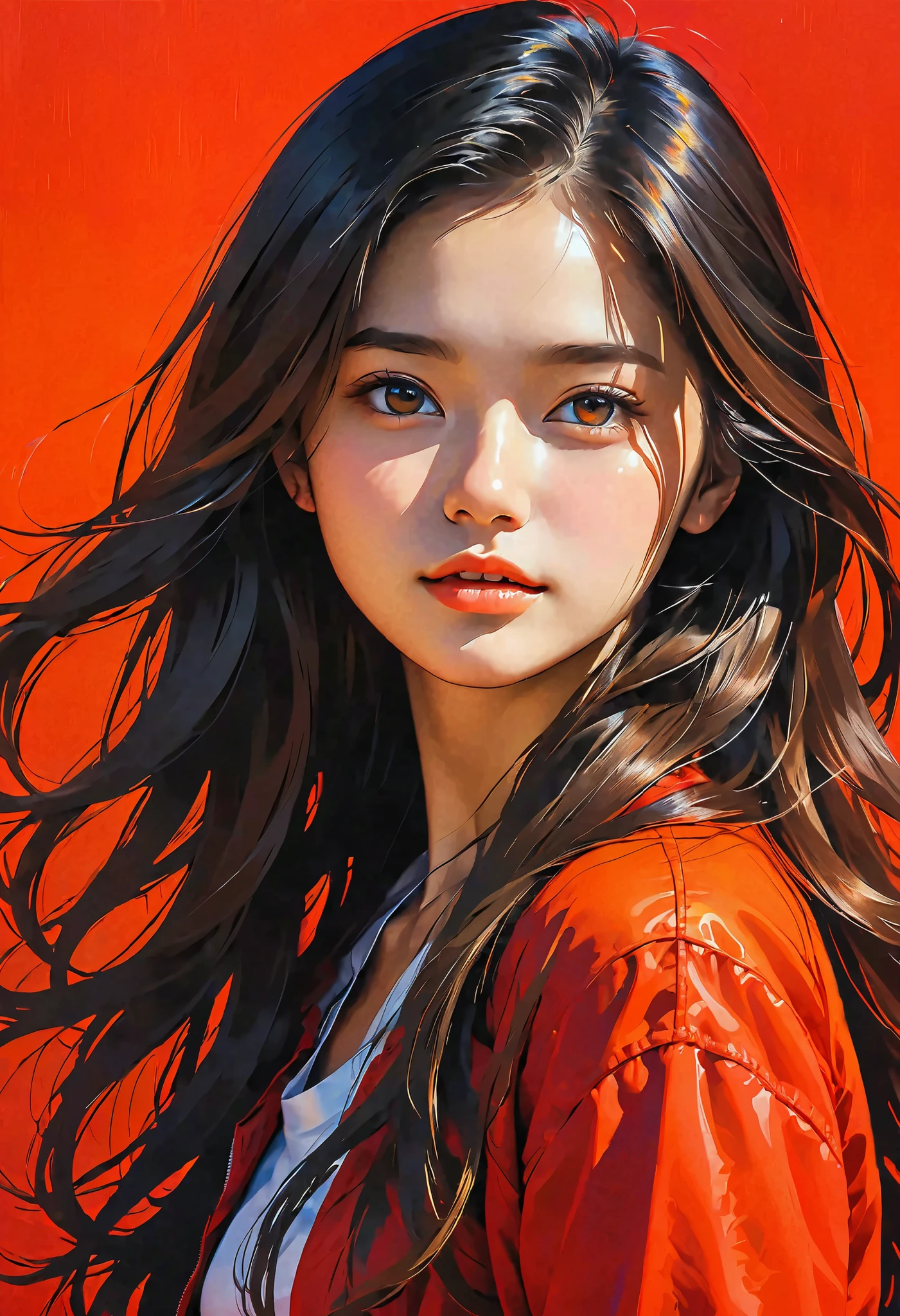 high definition illustration art、masterpiece、 18 year old beautiful woman ,long hair,vivid colors,high contrast,(natural skin texture, hyperrealism, Strong light shines on it, sharp), red background ,Clarify light and dark