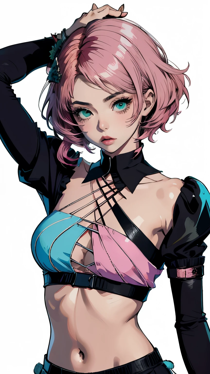 cat woman, dressed in pink, cat eyes, sexy pose, half naked, cute blue eeys, sweet breasts, detailed face, detailed eyes, detailed hands, anime cuttie, pink hair