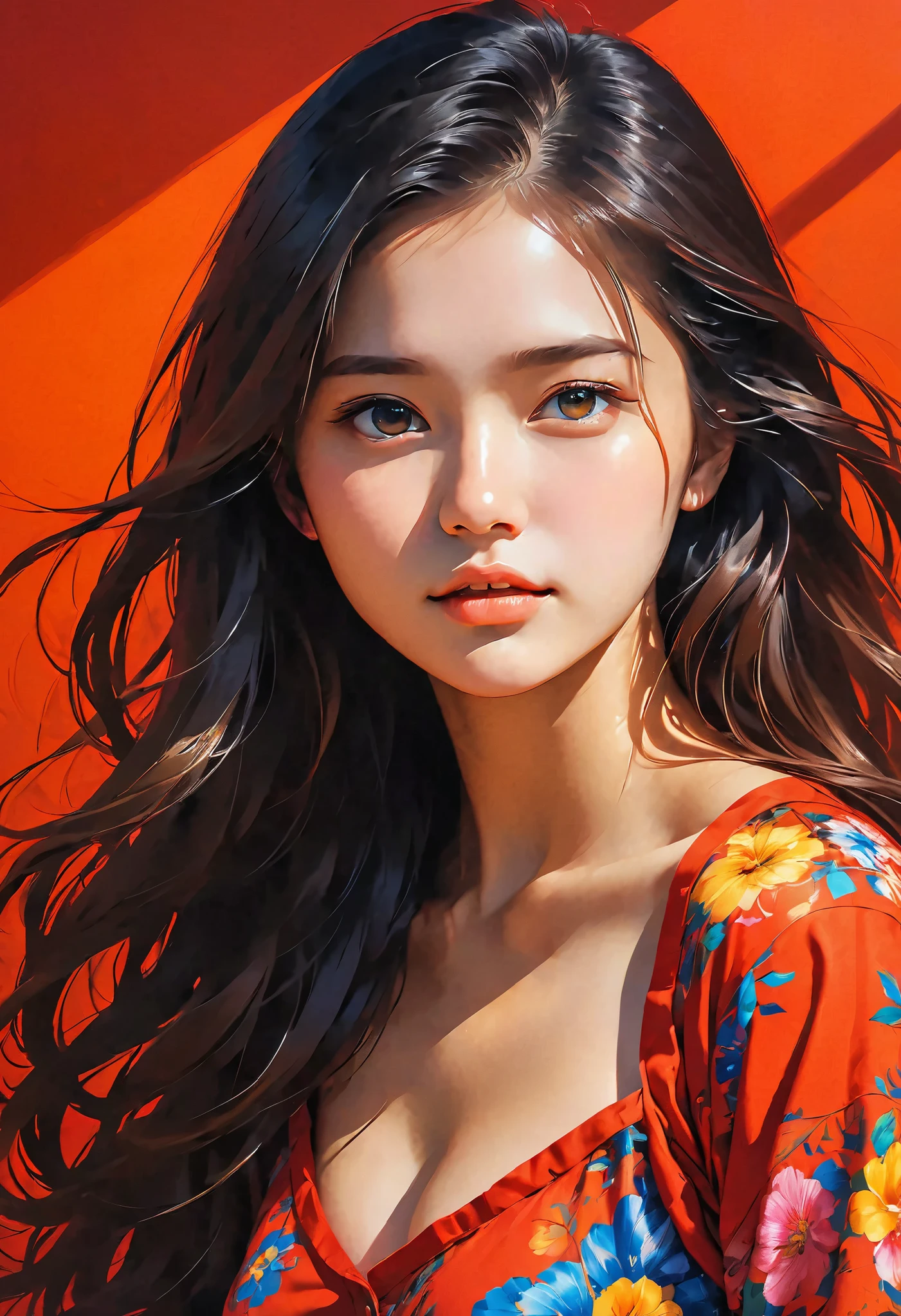 high definition illustration art、masterpiece、 18 year old beautiful woman ,long hair,vivid colors,high contrast,(natural skin texture, hyperrealism, Strong light shines on it, sharp), red background ,Clarify light and dark