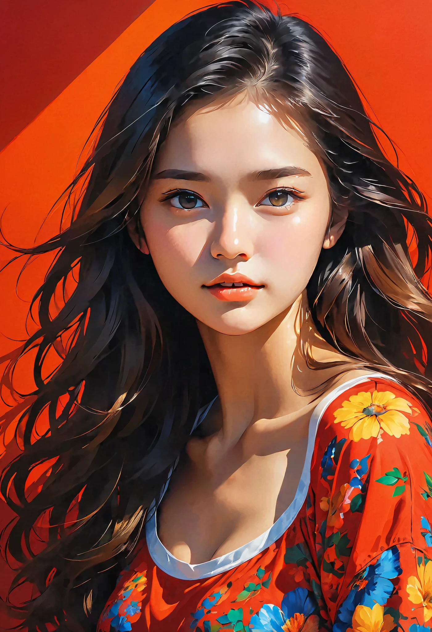 high definition illustration art、masterpiece、 18 year old beautiful woman ,long hair,vivid colors,high contrast,(natural skin texture, hyperrealism, Strong light shines on it, sharp), red background ,Clarify light and dark