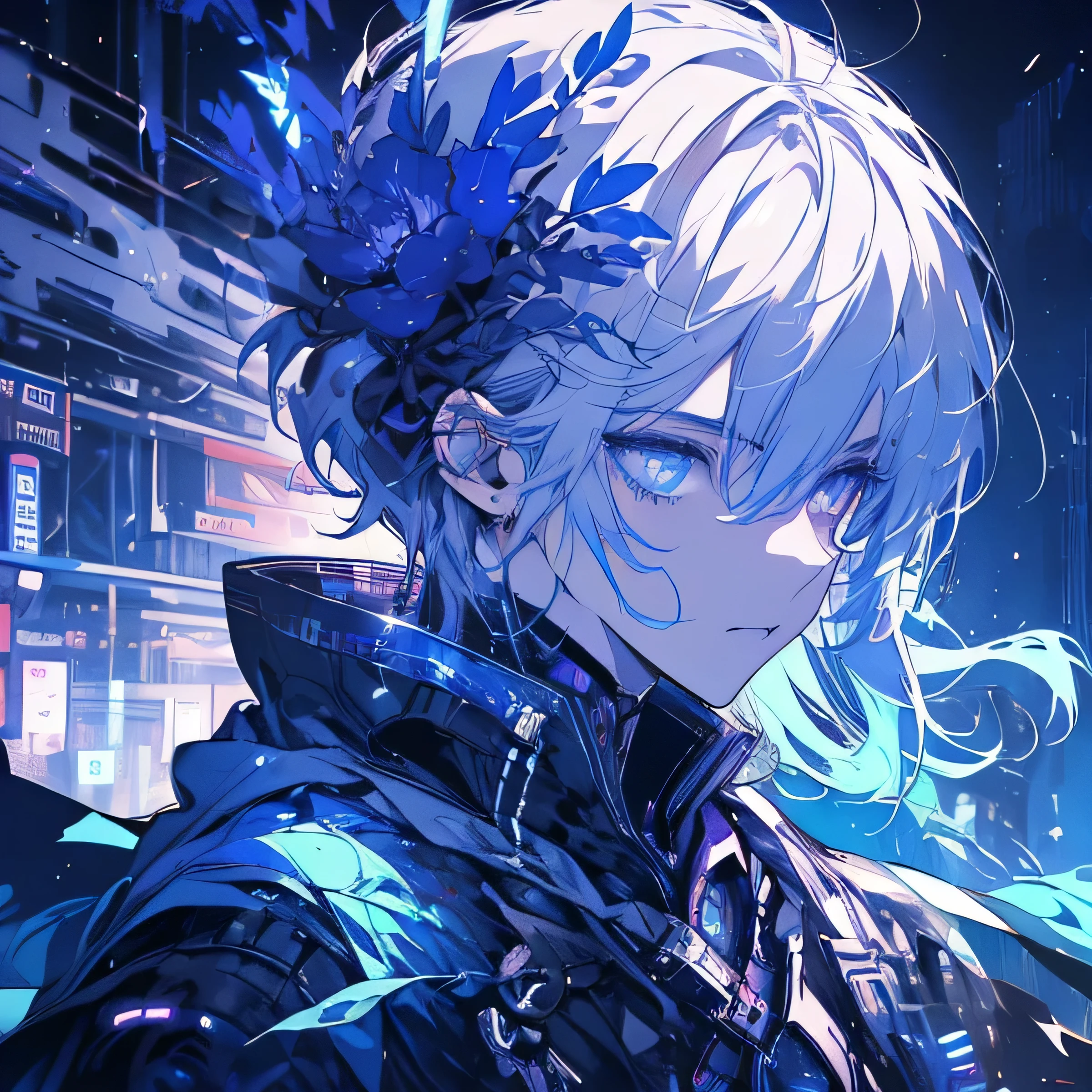 ((best quality)), ((masterpiece)), (detailed), 1boy, A highly detailed close-up, futuristic cyborg with a glowing cybernetic eye, displaying augmented reality data streams and holographic projections. The eye emits a soft neon glow in shades of blue and purple, with intricate mechanical details. The face is partially covered in metallic plating, reflecting a high-tech, dystopian city in the background. Sci-fi aesthetic, cyberpunk atmosphere, dramatic lighting, cool anime, boy white hair, boy