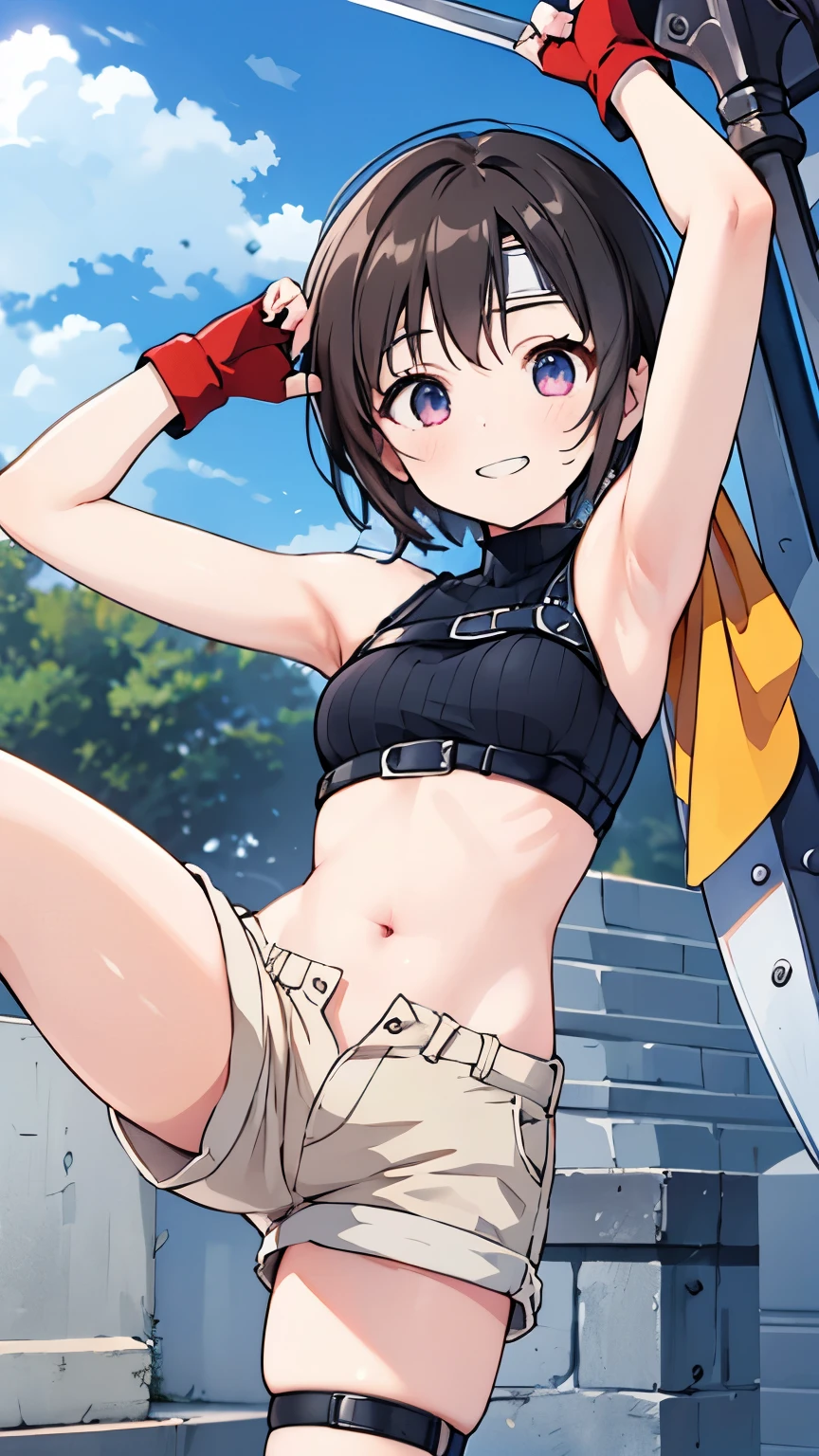 (masterpiece), best quality, expressive eyes, perfect face, highres, 1 girl, solo, monkey_d_luffy, scar, scar under eye, genderswap, short hair, sleeveless, brown eyes, red shirt, open shirt, short, knees up, surprised face, scared expression, open mouth, tropical island, sand, sitting on floor, portrait, looking at the viewer,