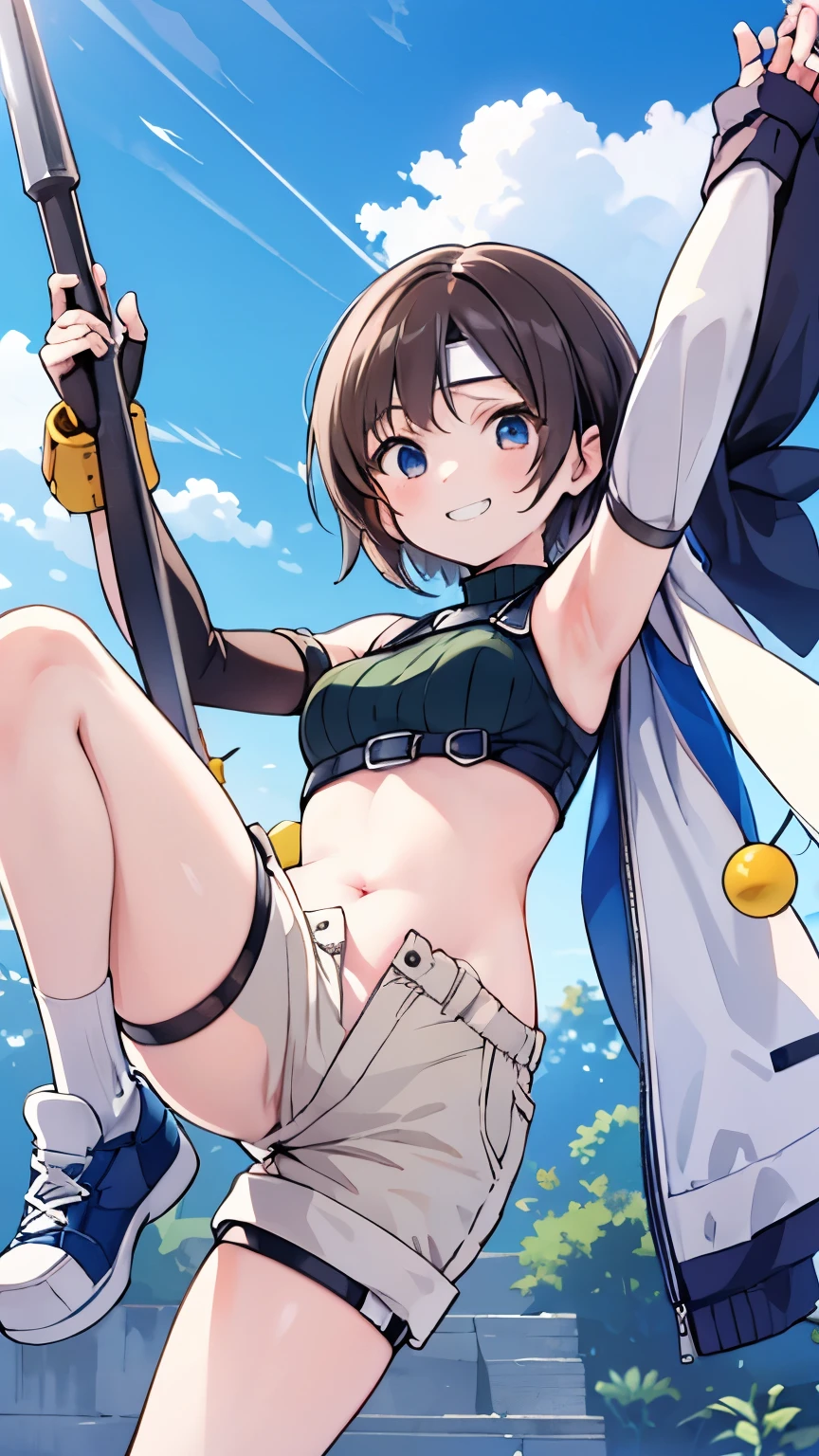 Aile_megamanzx, 1 girl, looking at viewer, Brown hair, green eyes , sea background , full body