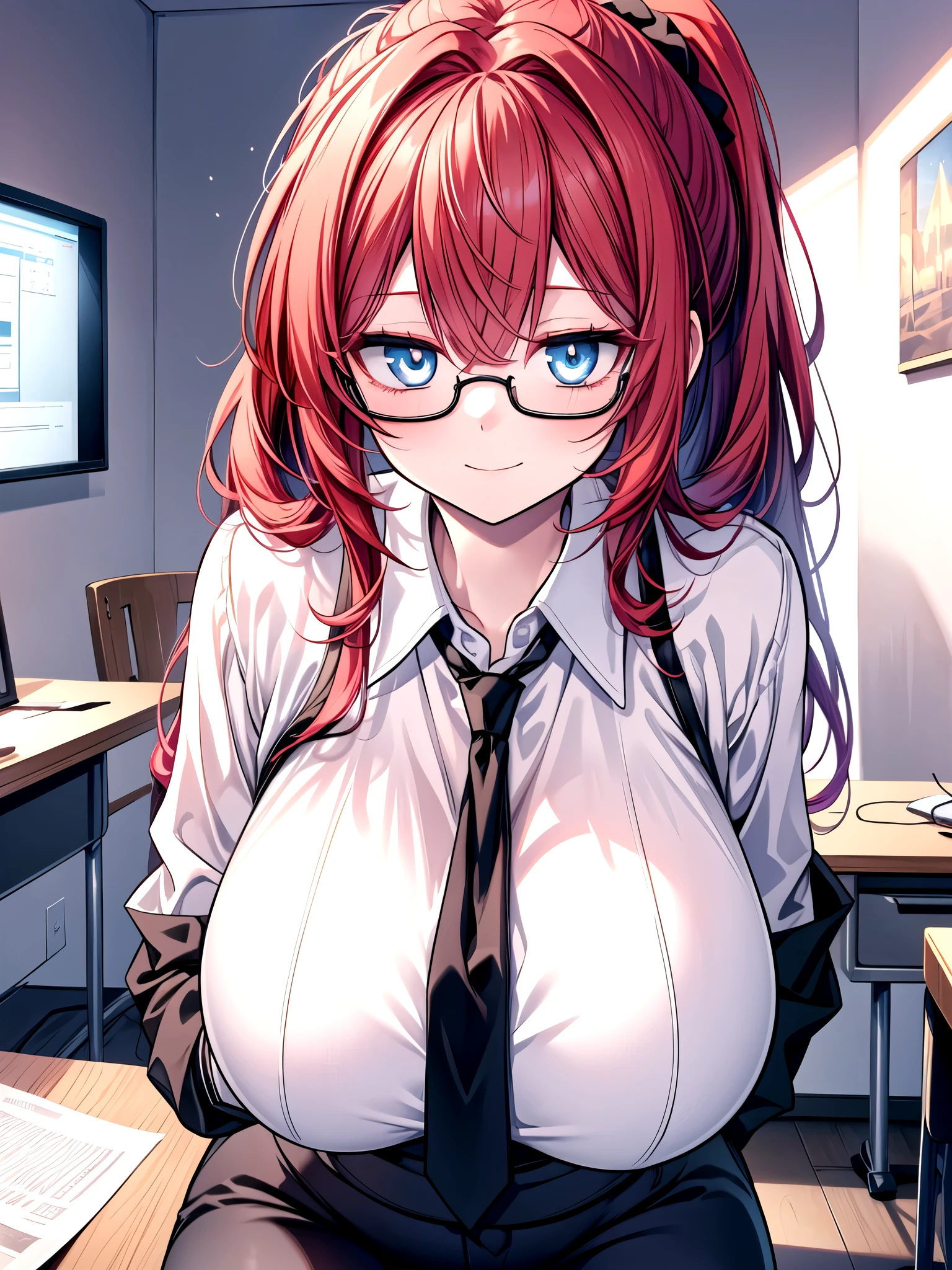 1girl, alone, long hair, red hair, ponytail, red glasses, turquoise eyes, white shirt, open shirt, purple bra, seductive, smiling, closed mouth, makeup, tight black skirt, short skirt, black heels, big breasts , medium waist, wide hips, wide thighs, looking at viewer, pov (from above), laboratory, chemistry room, sitting at table, legs open, good lighting, illuminated window, sunset, good anatomy, good hands