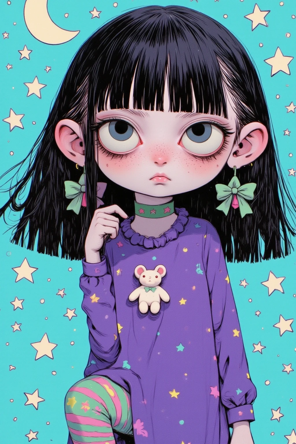 Character, girl, abstract expression, black hair with bangs, large black eyes, purple simple dress color, purple dress with ribbon details, green and purple striped leggings, holding a white teddy bear in one hand, dynamic pose with one leg raised, side view, playful and lively atmosphere, bright blue background with white polka dot pattern, flat and colorful illustration style, high-contrast colors, digital art, one girl, screen print inspired by graffiti, blacklight velvet poster, Gary Baseman-inspired details, detailed close-up, additional details, close-up shot, sinister realm magical painting vibe, Dan DeCarlo’s art style, mid-close-up.