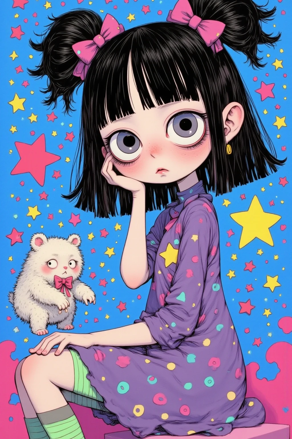 Character, girl, abstract expression, black hair with bangs, large black eyes, purple simple dress color, purple dress with ribbon details, green and purple striped leggings, holding a white teddy bear in one hand, dynamic pose with one leg raised, side view, playful and lively atmosphere, bright blue background with white polka dot pattern, flat and colorful illustration style, high-contrast colors, digital art, one girl, screen print inspired by graffiti, blacklight velvet poster, Gary Baseman-inspired details, detailed close-up, additional details, close-up shot, sinister realm magical painting vibe, Dan DeCarlo’s art style, mid-close-up.