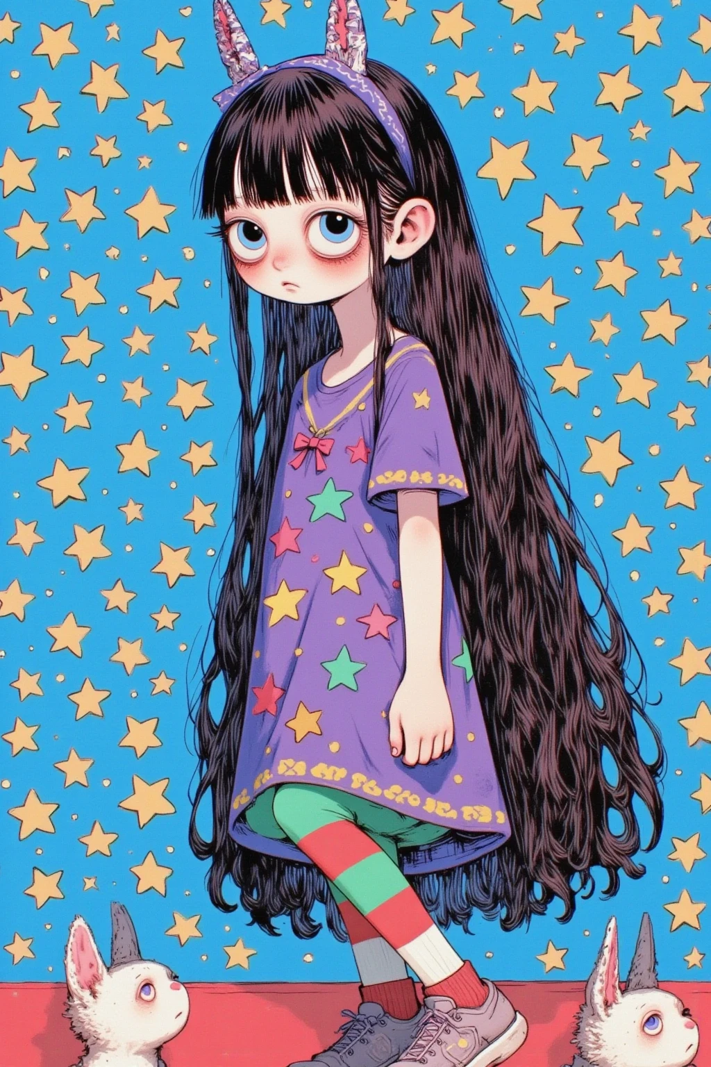 Character, girl, abstract expression, black hair with bangs, large black eyes, purple simple dress color, purple dress with ribbon details, green and purple striped leggings, holding a white teddy bear in one hand, dynamic pose with one leg raised, side view, playful and lively atmosphere, bright blue background with white polka dot pattern, flat and colorful illustration style, high-contrast colors, digital art, one girl, screen print inspired by graffiti, blacklight velvet poster, Gary Baseman-inspired details, detailed close-up, additional details, close-up shot, sinister realm magical painting vibe, Dan DeCarlo’s art style, mid-close-up.