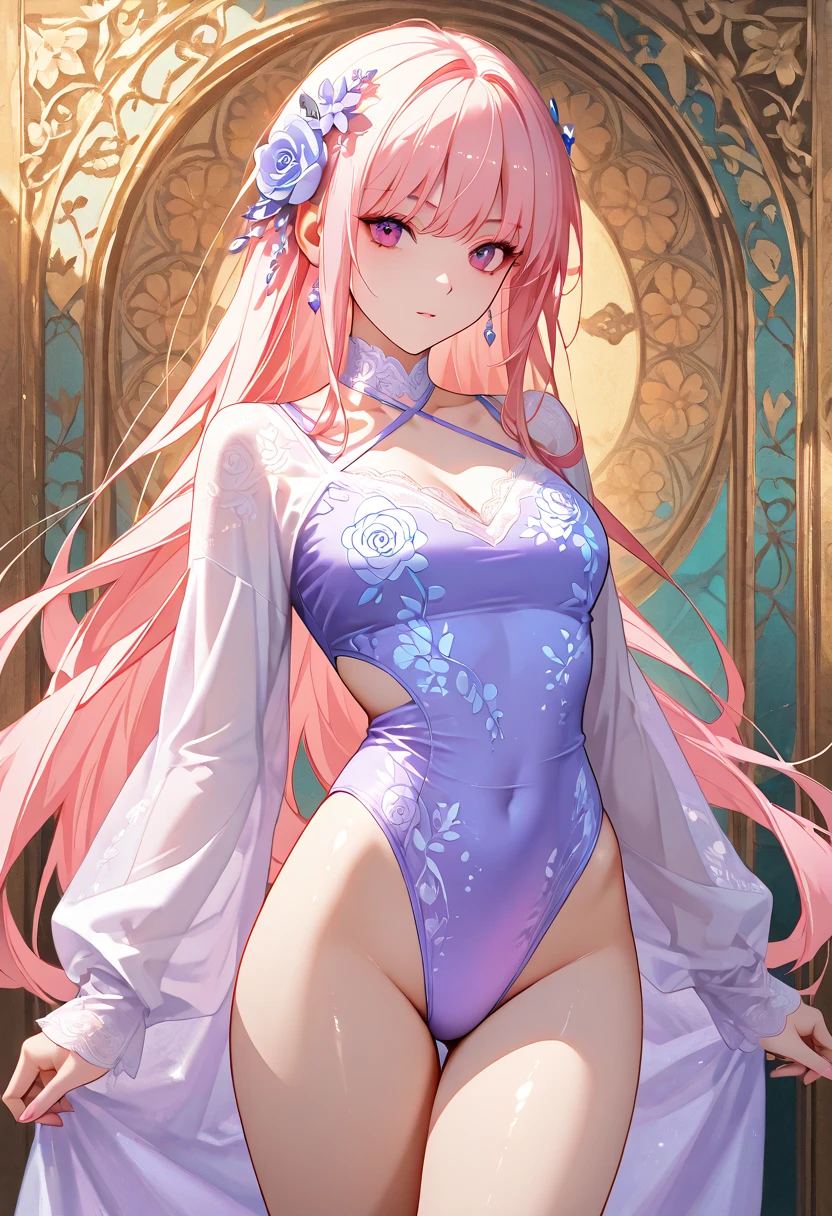 Delicate royal blue eyes，Look straight into the eyes，Perfect face，Extra-long pink hair，，Especially gentle girl，Tall，Perfect proportions，standing，Wear clothes as delicate and perfect as silk，4K，8K，Perfect light，Wear high heels，Rich background，meticuloso，delicated，intricate detailed clothes，Exquisite background，Delicate face，Flawless work