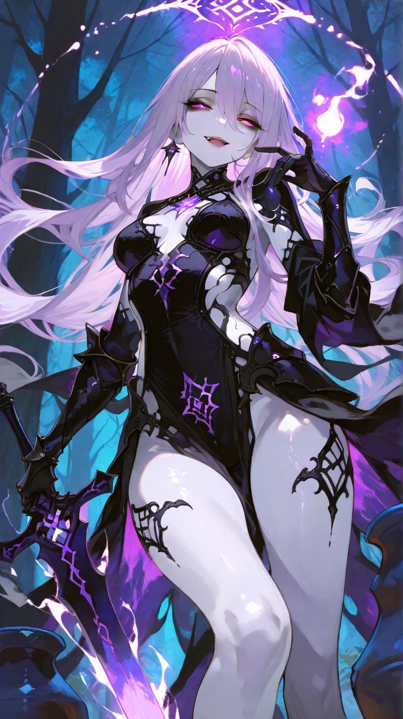 ((masterpiece, best quality)), official art, unity 8k wallpaper, ultra detailed, Amazing dark elf, Dark Angel, mystical aura, ((Obsidian black wings)), flowinggown, deep Purple, Motifs inspired by the occult, ((Crown of thorns)), Poisonous nightshade,  balls of fire, Dynamic pose, Darkness shrouded, High detail resolution, eerie moonlight, Mystic energy, Mysterious rituals, Dark atmosphere, r1ge, Crazy nothingness, Glowing eyes, Multiple eyes, Horror (Theme), BREAK, highly detailed of (dark elf), (1girl), solo, perfect face, details eye, ponytail, Blunt bangs, (hair between eye), white hair, violet eyes, fantasy art by Artgerm, by Kawacy, by Wadim kashin,BREAK, eyelashes, eyeshadow, pink eyeshadow, (dark skin:1.2), glaring, Mysterious smile, medium breast, BREAK, extremely detailed, dynamic angle, (( moonlight)), Mystic energy, Mysterious rituals, ((Dark atmosphere)),