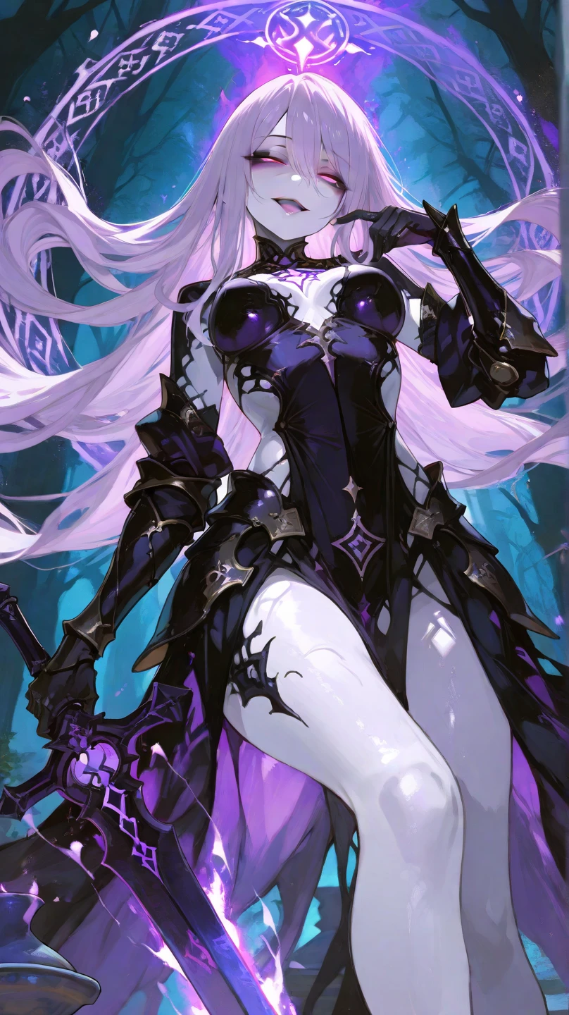 world of warcraft demon hunter girl art latex with more long black horns and white hair with warglaves in hands fire eyes with purple glow full body high heels with cute face