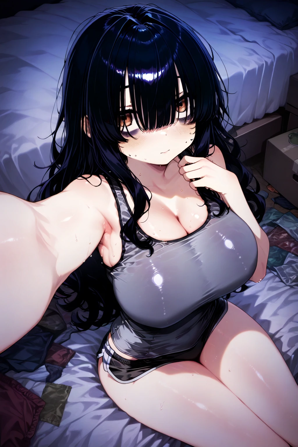 white skin,black hair,long hair,(bags under eyes:1.3),gigantic breasts,huge hips,teenager,((flab)),,(fat:0.8),(((messy hair))),
,sitting,undressing,grabs shirt,freckles,
,((in heat)),(((embarrassed,breathless))),
,(((((shirt))))),micro bra,headset,black bra,lingerie,pearl pantie,
,indoors,computer,dark room,bed room,night,otaku,anime poster,smartphone,
,1girl,dynamic angle,humid,close up,((((humid)))),focus breast,look at viewer,(((swaeat))),fog,detail eyes,(((Selfie shot)))
,score_9, score_8_up,detailed,anime,
