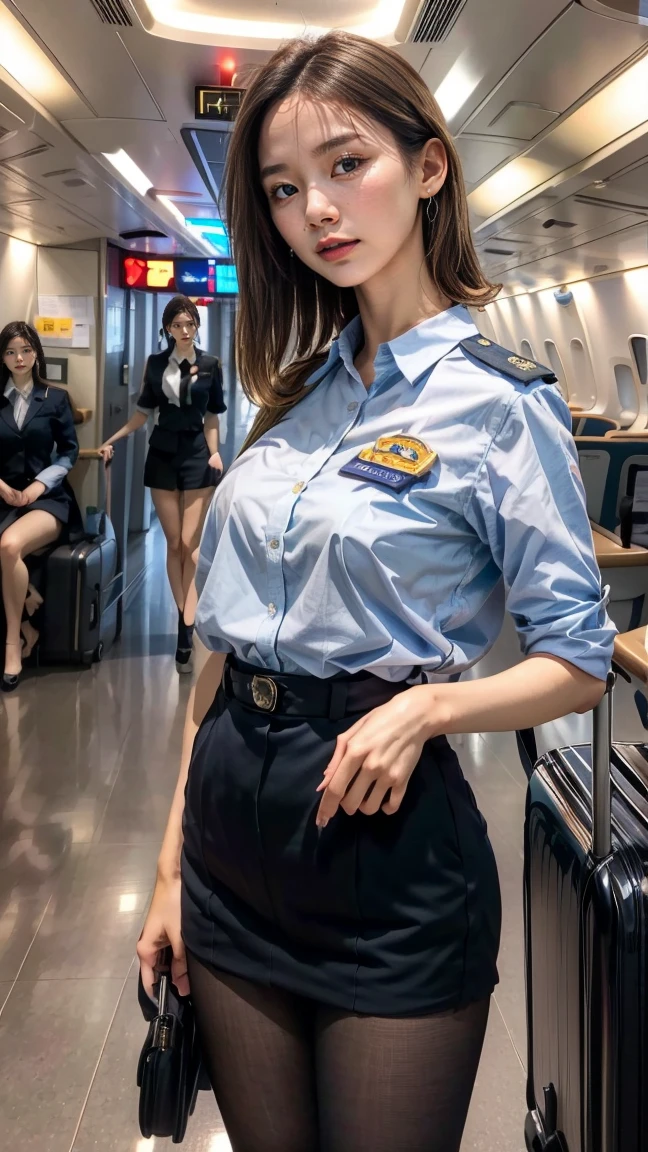 (best quality,4k,highres),ultra-detailed,realistic,cosplay, stewardess uniform, in the airport, (crowded:1.5), unbutton clothes, unbutton t-shirt, mini skirt, skirt lift up, open legs,beautiful woman,(big breasts:1.5), show nipples detailed, dark hairy pussy, pubic hair,vivid colors,portrait,soft lighting