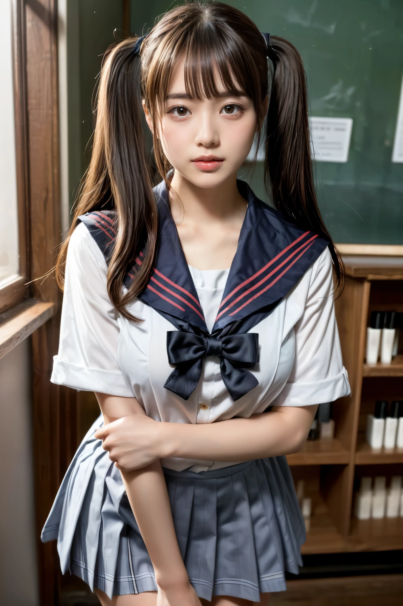 (masutepiece, Best Quality:1.2), From above, 8K, Official art, Raw photo, unbelievable Ridiculous, (Upper body, (Sailor Uniform), serafuku, Sitting:1.4), Beautiful Girl, 9 years old, Idol face, arching back down, Pleated skirt,large full breasts:1.8、 thighs thighs thighs thighs,Stockings、 close up, (School uniform), Short sleeve, gardenia, violaceaess, Teen, crass room, Looking at Viewer, No makeup, Film grain, chromatic abberation, Sharp Focus, face lights, Dynamic lighting, Cinematic lighting, Detailed face, Bokeh background, (Dark red bow tie:1.3)