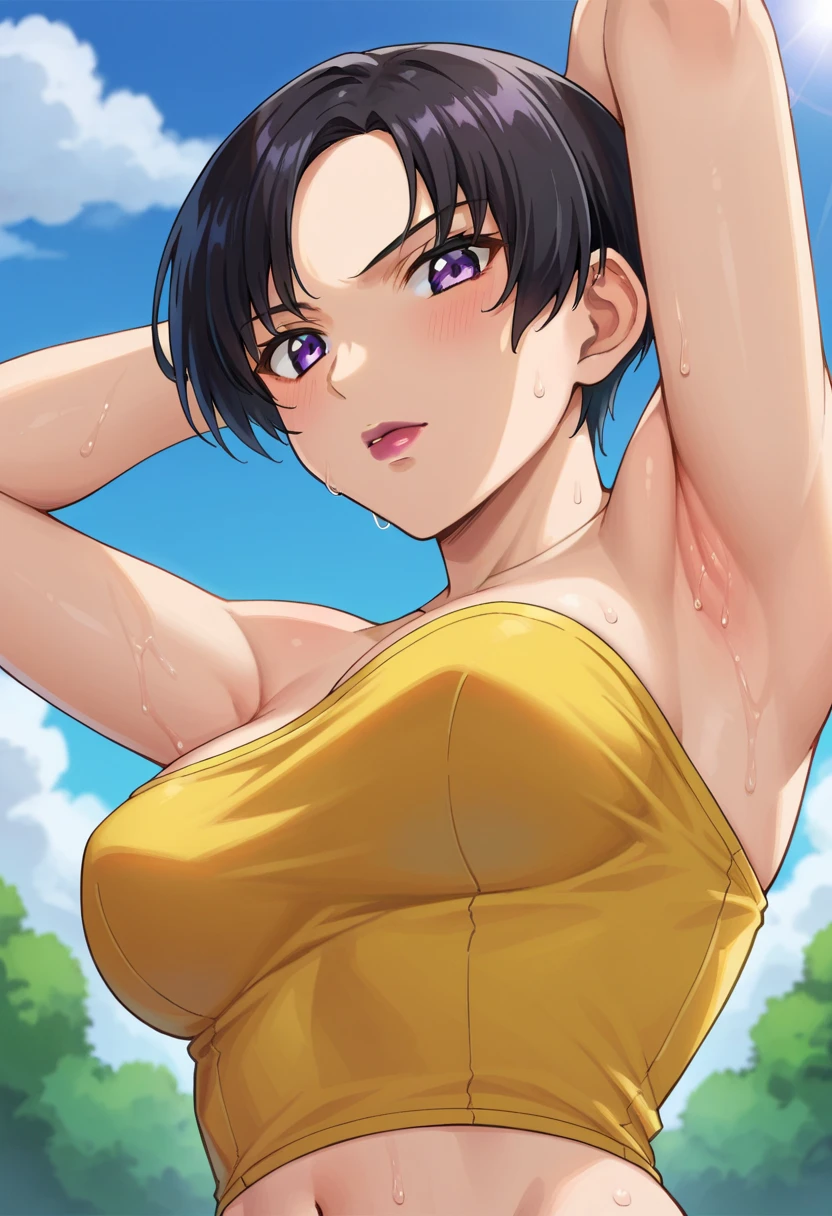 topless, Big Breasts, ぬるぬるのBig Breasts, Sweaty breasts, sasaki kanna, Twin tails, smug face, Grin, titfuck , Yellow sports bra, , , She has a childlike figure but her breasts are big, Zuo々city