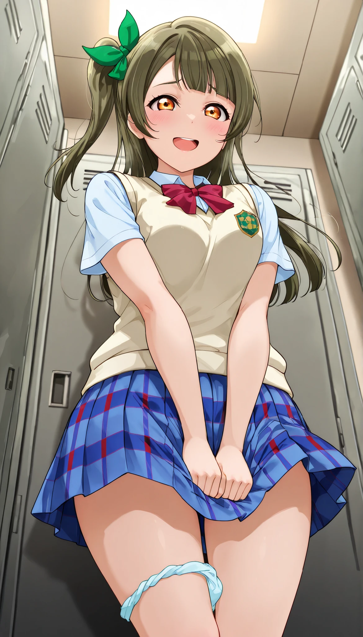 skirt tug, panties around legs,
,looking at viewer, from below, very low-angle shot, (from below:1.8},
,BREAK,
lovelive_kotori,
sweater vest, short sleeves, blue plaid skirt, red bowtie, breasts, grayish brown hair, green hair bow, bangs, one side up, long hair, amber eyes
,grayish hair, green hair bow, bangs, one side up, long hair, amber eyes,
smile, open mouth,looking at viewer, upper teeth only,
,\(troubled eyeblows:1.8\), smile, ,scorn,open mouth, (cheerful),looking at viewer,
pleasure, embarrassed,
, heart symbol,looking at viewer,
masterpiece,absurderes, beautiful detailed face,
BREAK, masterpiece,absurderes, beautiful detailed face,(masutepiece:1.2), Best Quality, High resolution, Unity 8k wallpaper, (Illustration:0.8), (Beautiful detailed eyes:1.6), extra detailed face, Perfect Lighting, extremely details CG, (Perfect hands, Perfect Anatomy)
indoor, locker room