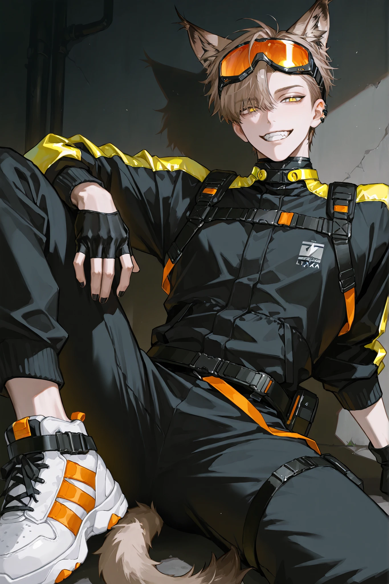 1 boy, 24 years old, solo, sexy, decadent, cunning, mature, lynx ears, lynx tail, light ash brown hair, asymmetrical bangs, short hair, pale yellow eyes, techwear, orange goggles on top of head, black nail, black fingerless gloves, sneakers, evil grin