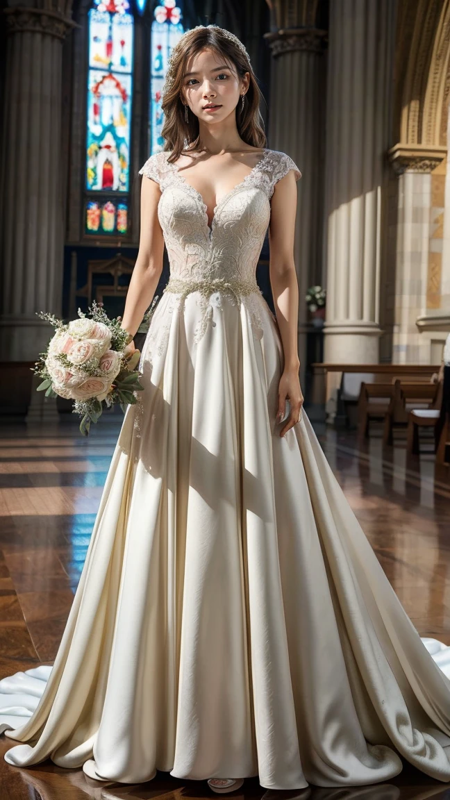(1 beautiful young French bride), (Random coloured eyes), (French Braid hairstyle), (hair colour must be light brown), (slender), (medium breasts), (perky), (Professional photography), (Professional Lighting), (half body portrait), (PURPLE ballgown bridal dress with straps), (smile), (earrings), (wedding ring), (intimate moments), (standing inside a beautiful church, in Paris), (in the afternoon), (Just 1 Beautiful Woman).