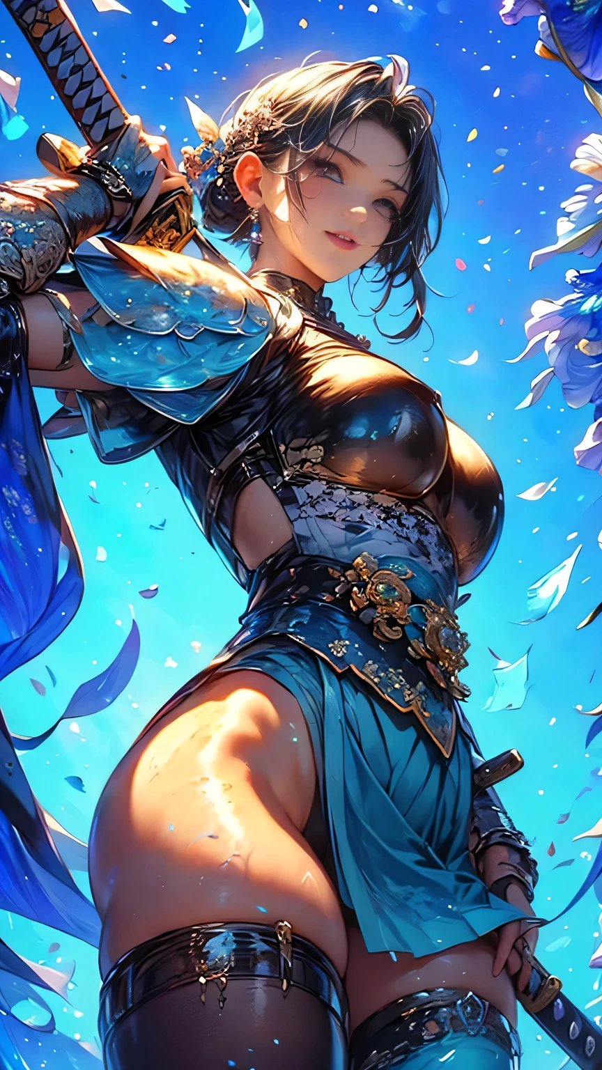 young woman,1 person,Oiran,(wielding a katana with great force:1.6), very detailedな,(seductive smile),(),(from below, lower body, looking up:1.6),(battle pose:1.6), Brilliant Appearance ,extremely detailed, Imaginative,sensual ,Best Quality, skin texture,(Milkmaid braid:1.8),(black hair:1.8),muscular,(huge breasts:1.3),(underboob),(( Samurai armor:1.8)),(black cloak),(gypsy skirt),(garter belt),(black tights,zettai ryouiki),absolute region with to,Intricate Details ,crepuscular rays:1.3,(aquamarine background:1.6),(Iris flower confetti:1.6),( Iris in full bloom:1.6), RAW photos , 8k, masterpiece, Best Quality,ultra detail,very detailed, Intricate Details ,high resolution,超Intricate Details,very detailed 8k cg wallpaper,