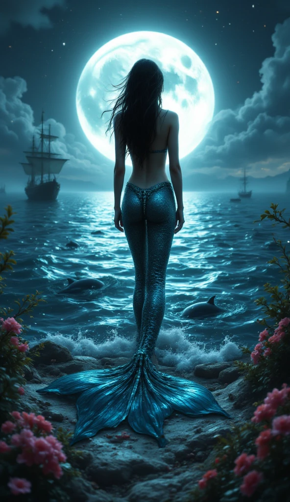 1Naked woman ,hairy vagina walking on top of the sea touching the moon,tan skin wearing red socks,taking full moon light bath! Black pubic hair, golden smilling fishes jumping out of the water.