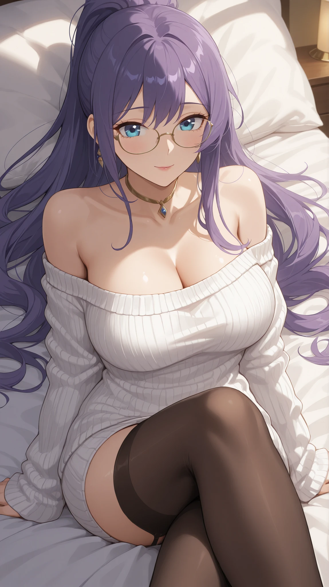 Masterpiece, best quality, highly detailed, highres, 8K, natural lighting, 1 girl, lavender hair, long hair, lavender mature half updo, bangs hanging on the left side shoulder length hair strands hanging on either side tucked behind ears, light blue green eyes, Women's rimless glasses, large breast, white bra, white lace panties, white stocking with garter belt, nipple perked out from under bra, lying in bed, she wet, she makes erotic pose on bed, toward to the camera, Open your legs, inside bedroom, smile, both hands up behind head, detailed finger shape, the number of fingers is not excessive