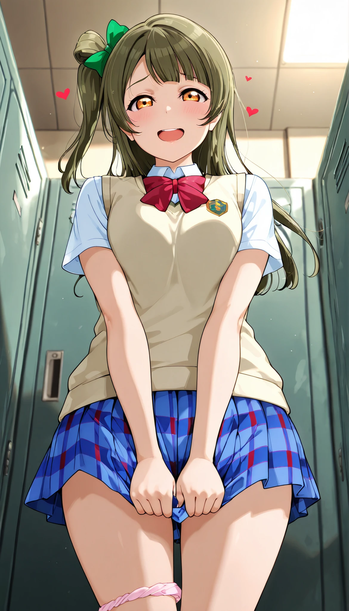 skirt tug, panties around legs,
,looking at viewer, from below, very low-angle shot, (from below:1.8},
,BREAK,
lovelive_kotori,
sweater vest, short sleeves, blue plaid skirt, red bowtie, breasts, grayish brown hair, green hair bow, bangs, one side up, long hair, amber eyes
,grayish hair, BREAK, green hair bow, bangs, one side up, long hair, amber eyes,
smile, open mouth,looking at viewer, upper teeth only,
,\(troubled eyeblows:1.8\), smile, ,scorn,open mouth, (cheerful),looking at viewer,
pleasure, embarrassed,
, heart symbol,looking at viewer,
masterpiece,absurderes, beautiful detailed face,
BREAK, masterpiece,absurderes, beautiful detailed face,(masutepiece:1.2), Best Quality, High resolution, Unity 8k wallpaper, (Illustration:0.8), (Beautiful detailed eyes:1.6), extra detailed face, Perfect Lighting, extremely details CG, (Perfect hands, Perfect Anatomy)
indoor, locker room