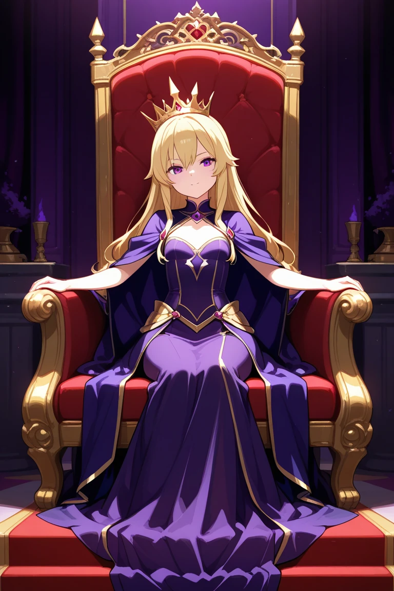 Mature woman, blonde long hair, with a crown, in a purple and white long dress, sit on throne