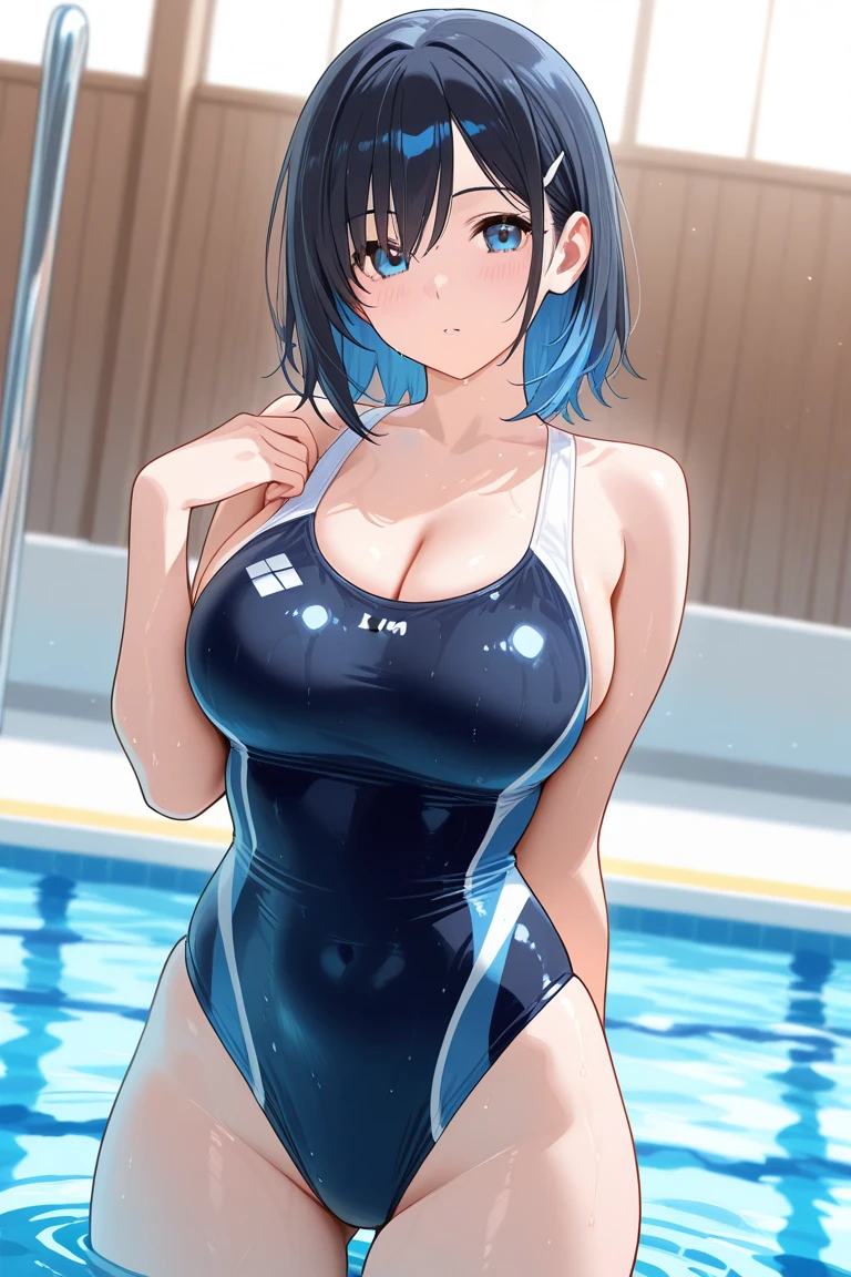 extremely detailed CG, super detailed skin, perfect anatomy, dynamic lighting, beautiful detailed eyes, Top quality、Realistic、woman、about 40 yo、Beautiful Eyes、Symmetrical eyes、A big smile、(Big breasts bigger than face、Plump body、Curvy Body:1)、Short Hair、Black Hair、Iris、 (blue one-piece swimsuit:1.6), (Shiny skin、Glowing Skin、High gloss skin:1.4)、Walking、