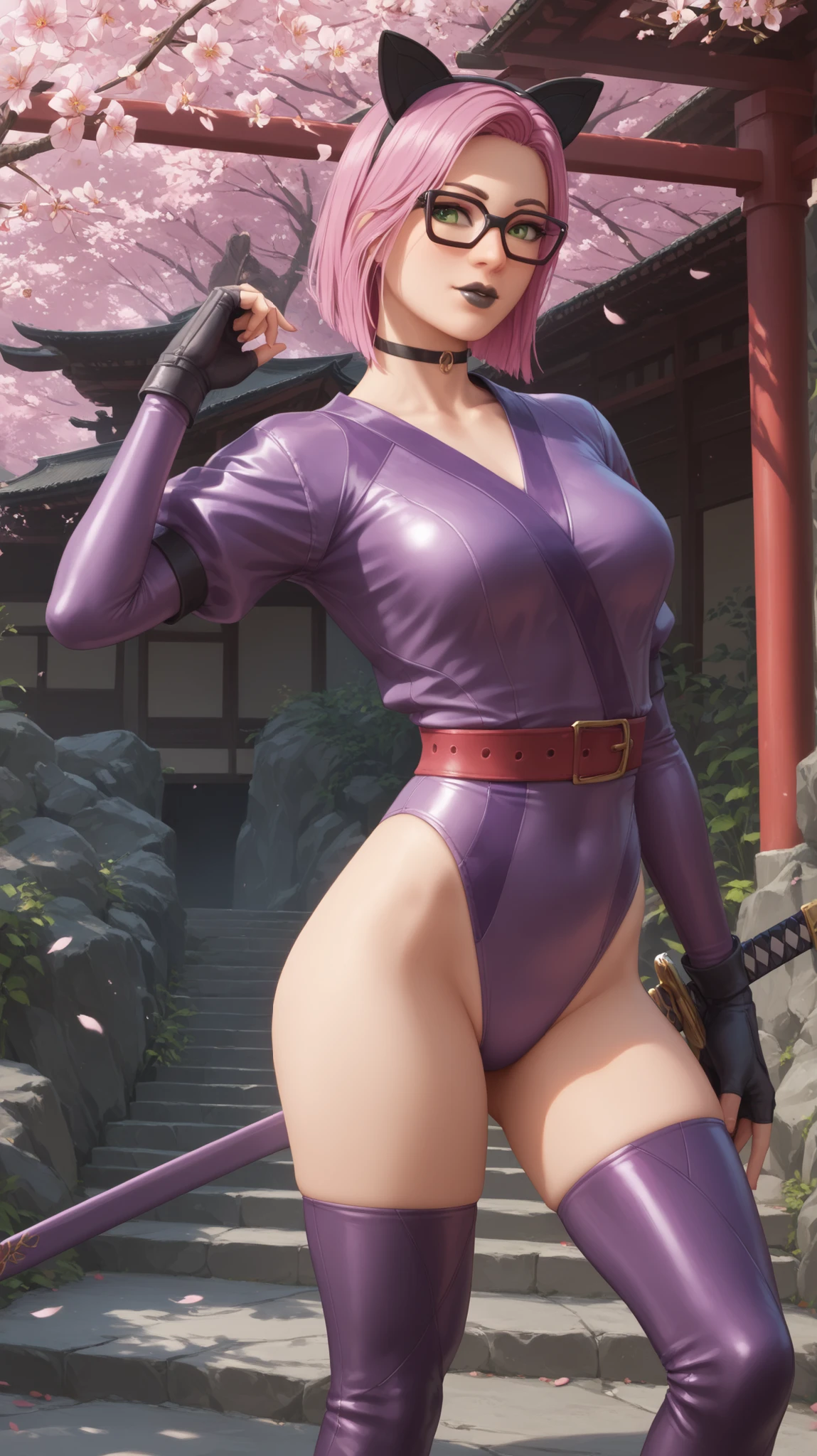 full body, realistic, young woman, purple hair, purple dress, purple gloves, purple knee high boots
