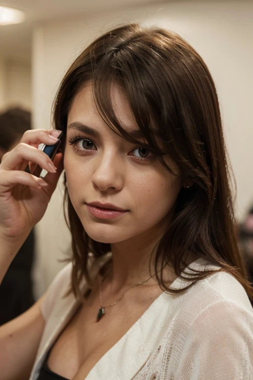 pretty woman, at office, working, looking at me, tired expression
