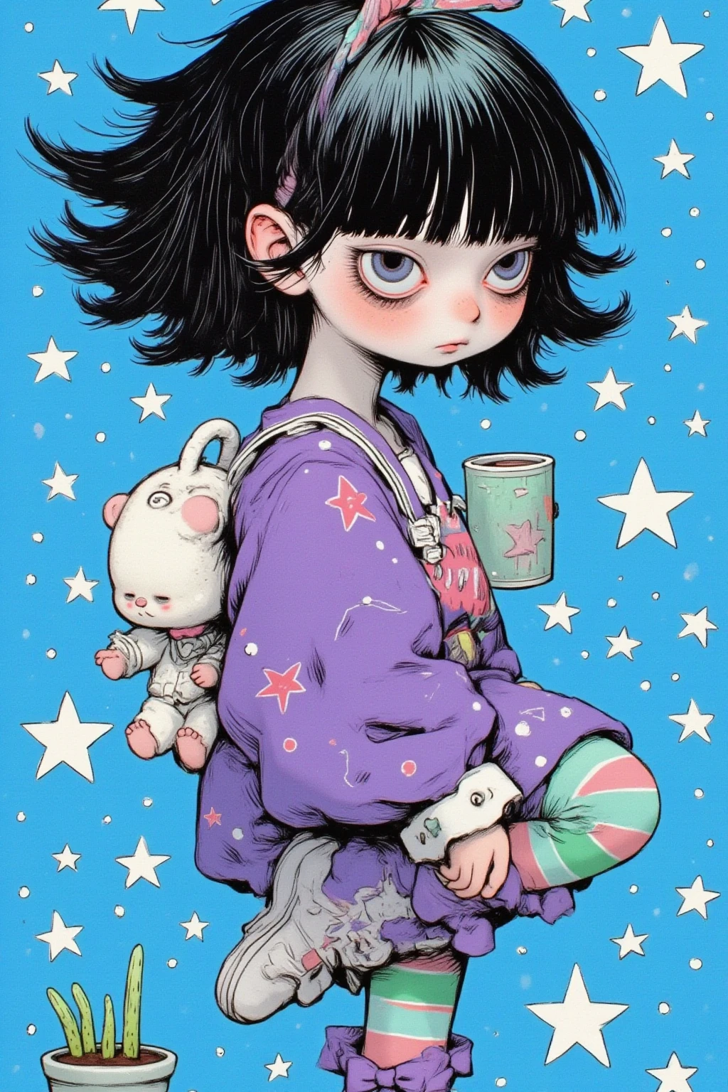 Character, girl, abstract expression, black hair with bangs, large black eyes, purple simple dress color, purple dress with ribbon details, green and purple striped leggings, holding a white teddy bear in one hand, dynamic pose with one leg raised, side view, playful and lively atmosphere, bright blue background with white polka dot pattern, flat and colorful illustration style, high-contrast colors, digital art, one girl, screen print inspired by graffiti, blacklight velvet poster, Gary Baseman-inspired details, detailed close-up, additional details, close-up shot, sinister realm magical painting vibe, Dan DeCarlo’s art style, mid-close-up.