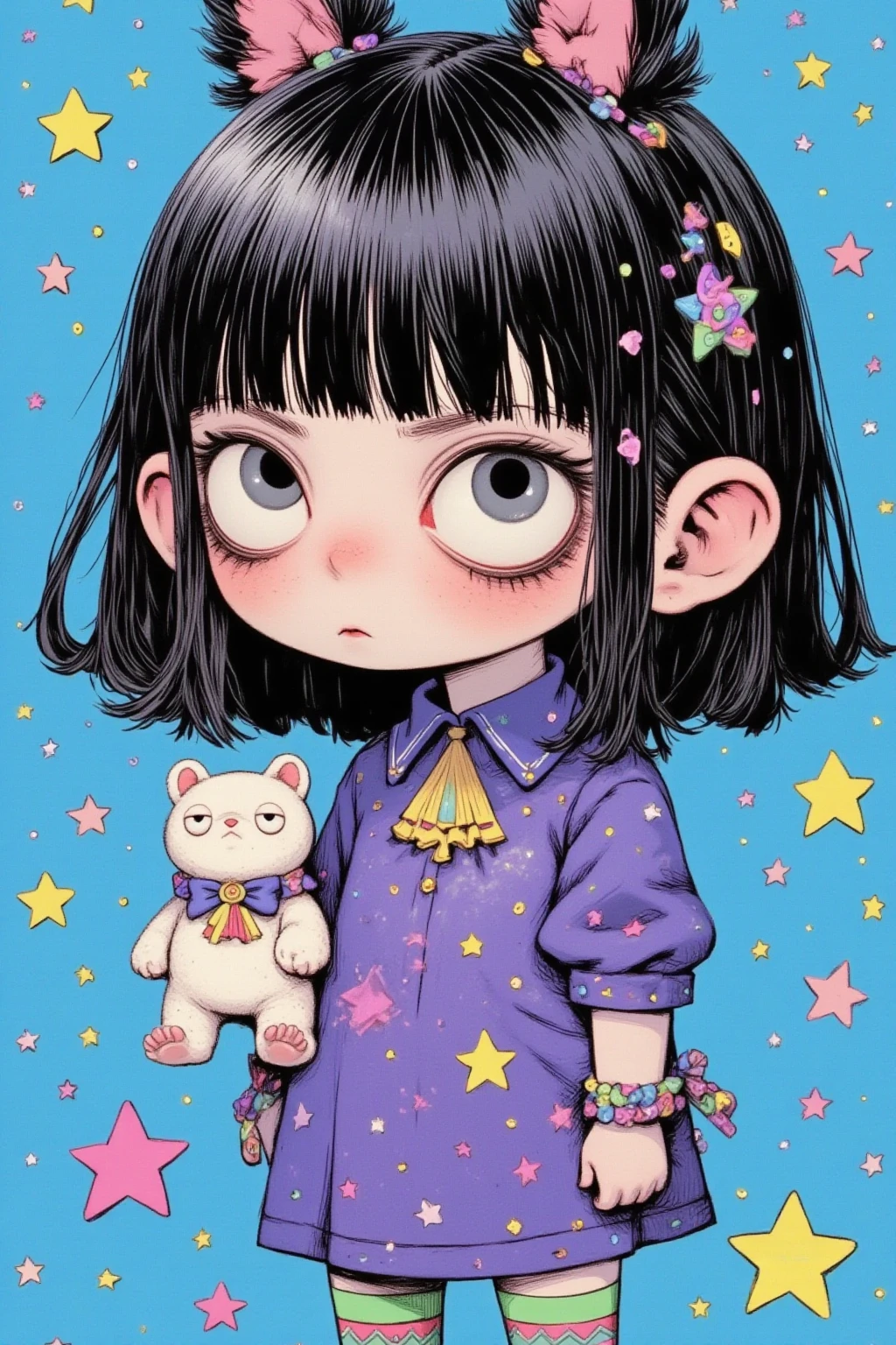 Character, girl, abstract expression, black hair with bangs, large black eyes, purple simple dress color, purple dress with ribbon details, green and purple striped leggings, holding a white teddy bear in one hand, dynamic pose with one leg raised, side view, playful and lively atmosphere, bright blue background with white polka dot pattern, flat and colorful illustration style, high-contrast colors, digital art, one girl, screen print inspired by graffiti, blacklight velvet poster, Gary Baseman-inspired details, detailed close-up, additional details, close-up shot, sinister realm magical painting vibe, Dan DeCarlo’s art style, mid-close-up.
