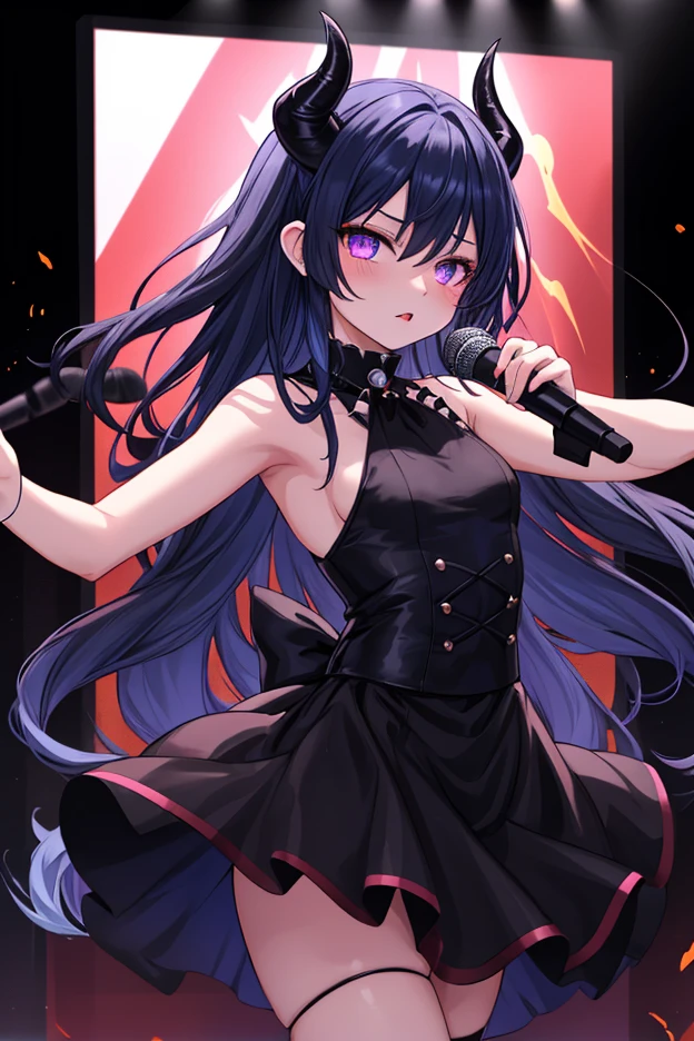 void fires, gothic stage, music stage, outside, dark night, just the stage, purple black hair, purple eyes, large breast, singing, perfect hands, perfect eyes, expressive eyes, four fingers, performing on stage