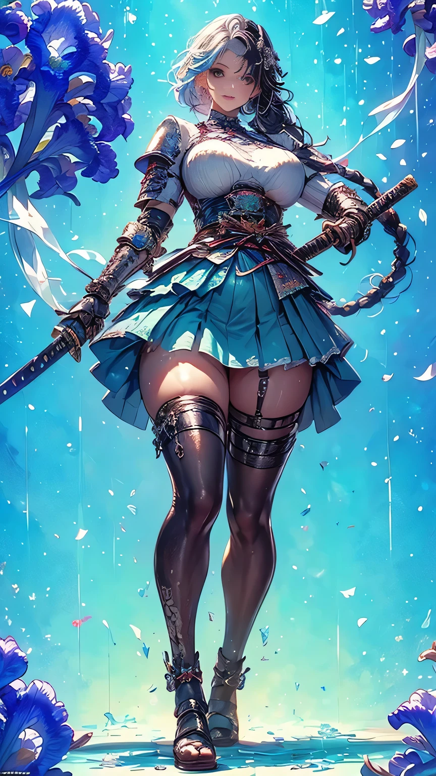 young woman,1 person,Oiran,(wielding a katana with great force:1.6), very detailedな,(seductive smile),(from front:1.3),(full body:1.6),(battle pose:1.8), Brilliant Appearance ,extremely detailed, Imaginative,sensual ,Best Quality, skin texture,(Milkmaid braid:1.8),(black hair:1.8),muscular,(huge breasts:1.3),(underboob),( Samurai armor:1.8),(black cloak),(gypsy skirt),(garter belt),(black tights,zettai ryouiki),absolute region with to,Intricate Details ,crepuscular rays:1.3,(aquamarine background:1.6),(Iris flower confetti:1.6),( Iris in full bloom:1.6), RAW photos , 8k, masterpiece, Best Quality,ultra detail,very detailed, Intricate Details ,high resolution,超Intricate Details,very detailed 8k cg wallpaper,