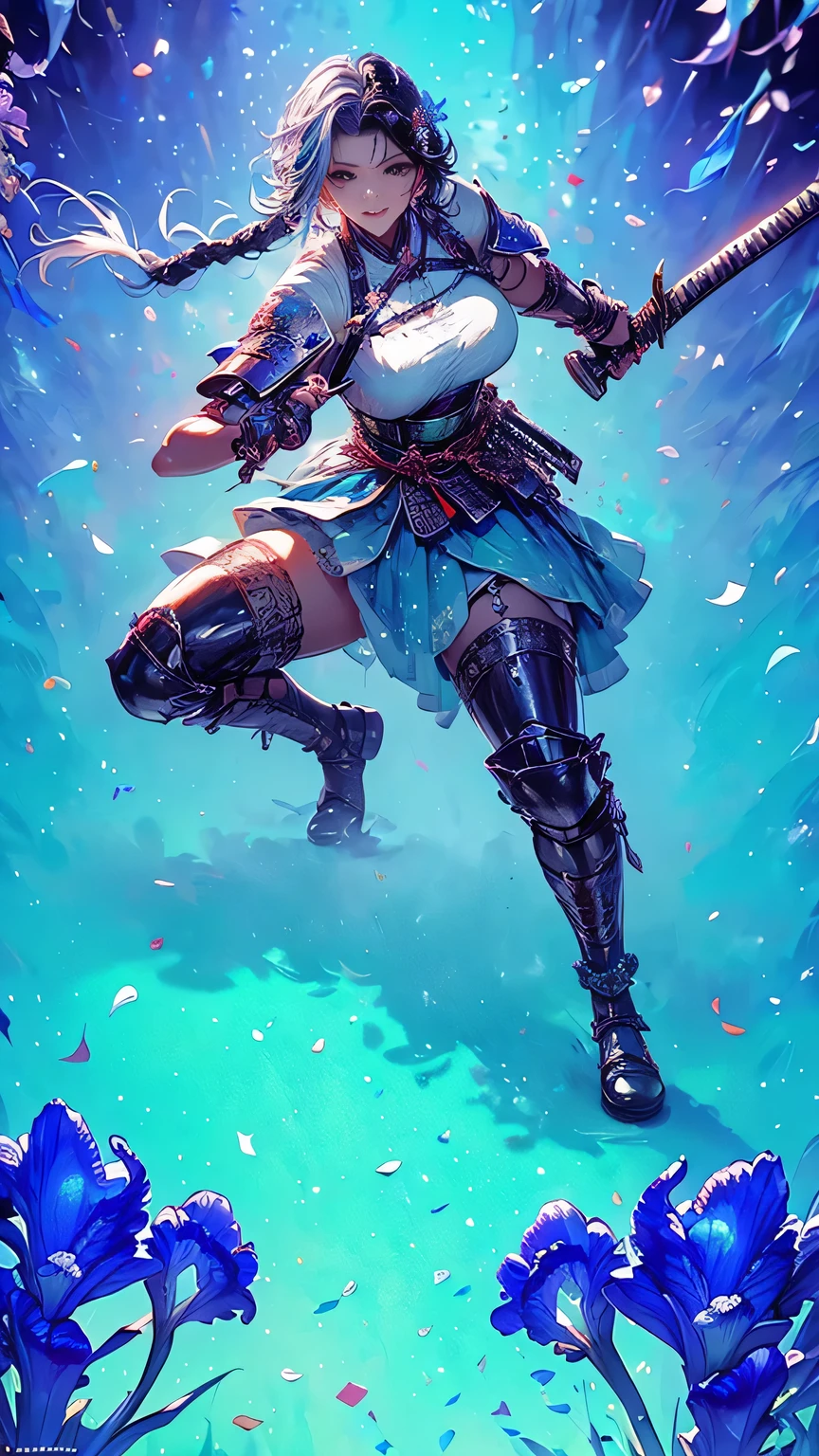 young woman,1 person,Oiran,(wielding a katana with great force:1.6), very detailedな,(seductive smile),(from front:1.3),(full body:1.6),(battle pose:1.8), Brilliant Appearance ,extremely detailed, Imaginative,sensual ,Best Quality, skin texture,(Milkmaid braid:1.8),(black hair:1.8),muscular,(huge breasts:1.3),(underboob),( Samurai armor:1.8),(black cloak),(gypsy skirt),(garter belt),(black tights,zettai ryouiki),absolute region with to,Intricate Details ,crepuscular rays:1.3,(aquamarine background:1.6),(Iris flower confetti:1.6),( Iris in full bloom:1.6), RAW photos , 8k, masterpiece, Best Quality,ultra detail,very detailed, Intricate Details ,high resolution,超Intricate Details,very detailed 8k cg wallpaper,