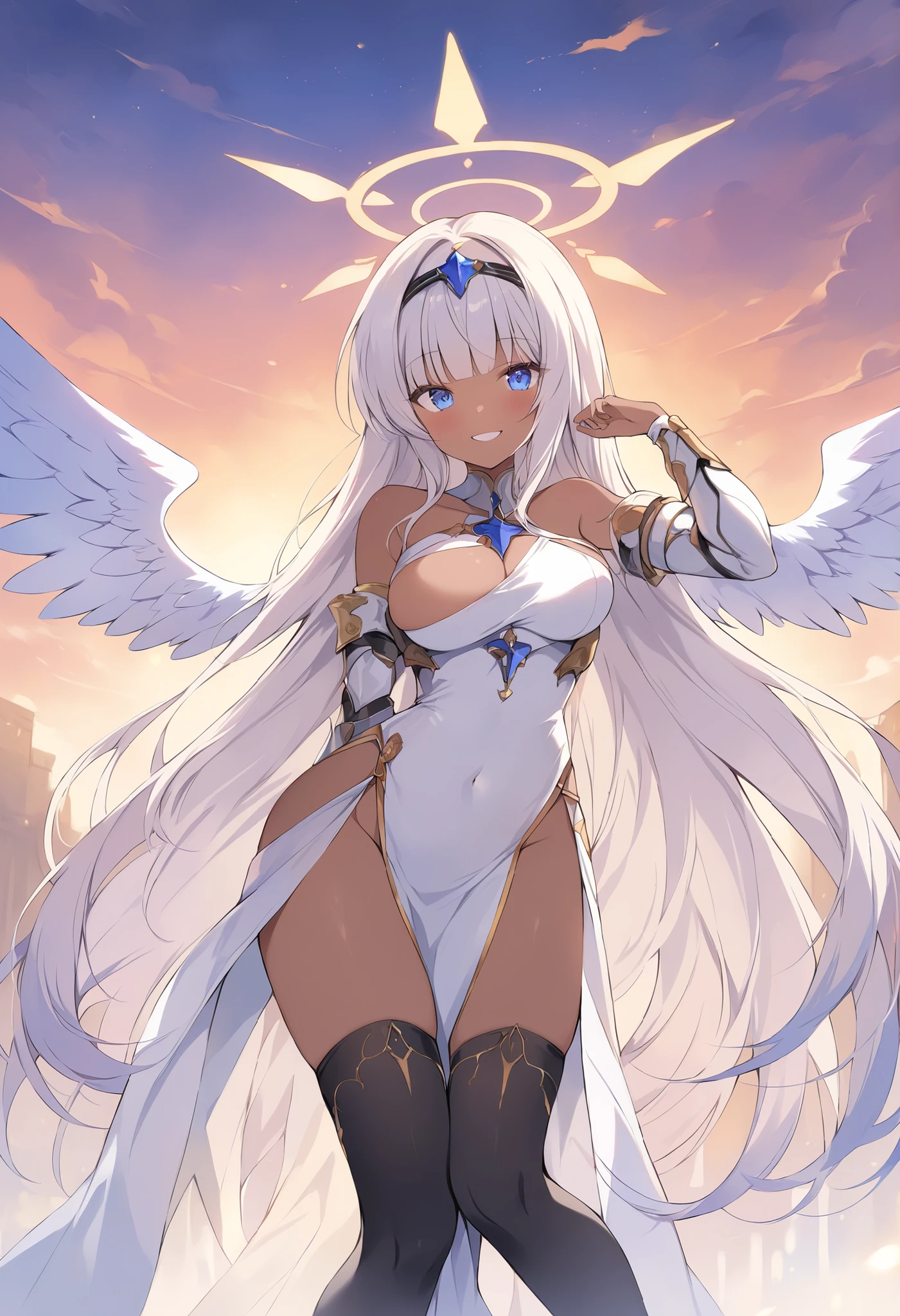 White girl with long hair, flat chest, cleavage, one-piece swimsuit, armor, hands, iron boots, light wings, spear, white clouds in the sky